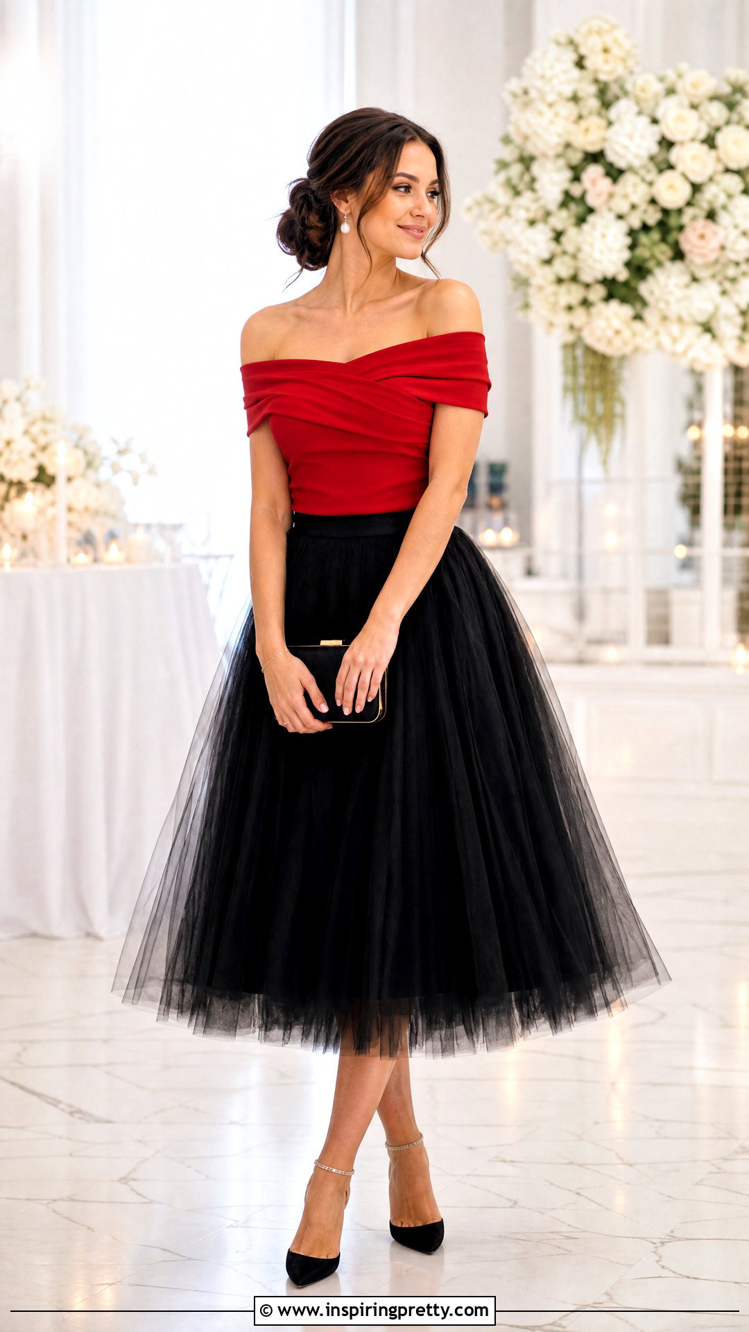 Red Off The Shoulder Top With A Tulle Skirt - 50 red off the shoulder top outfit ideas