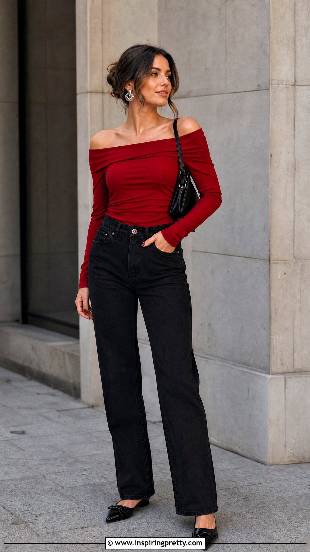 Red Off The Shoulder Top With Black Jeans - 50 red off the shoulder top outfit ideas