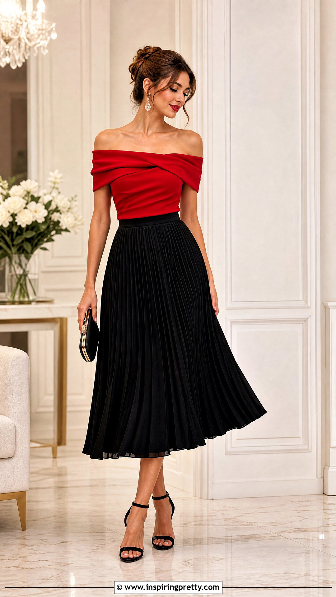 Red Off The Shoulder Top With Black Midi Skirt - 50 red off the shoulder top outfit ideas
