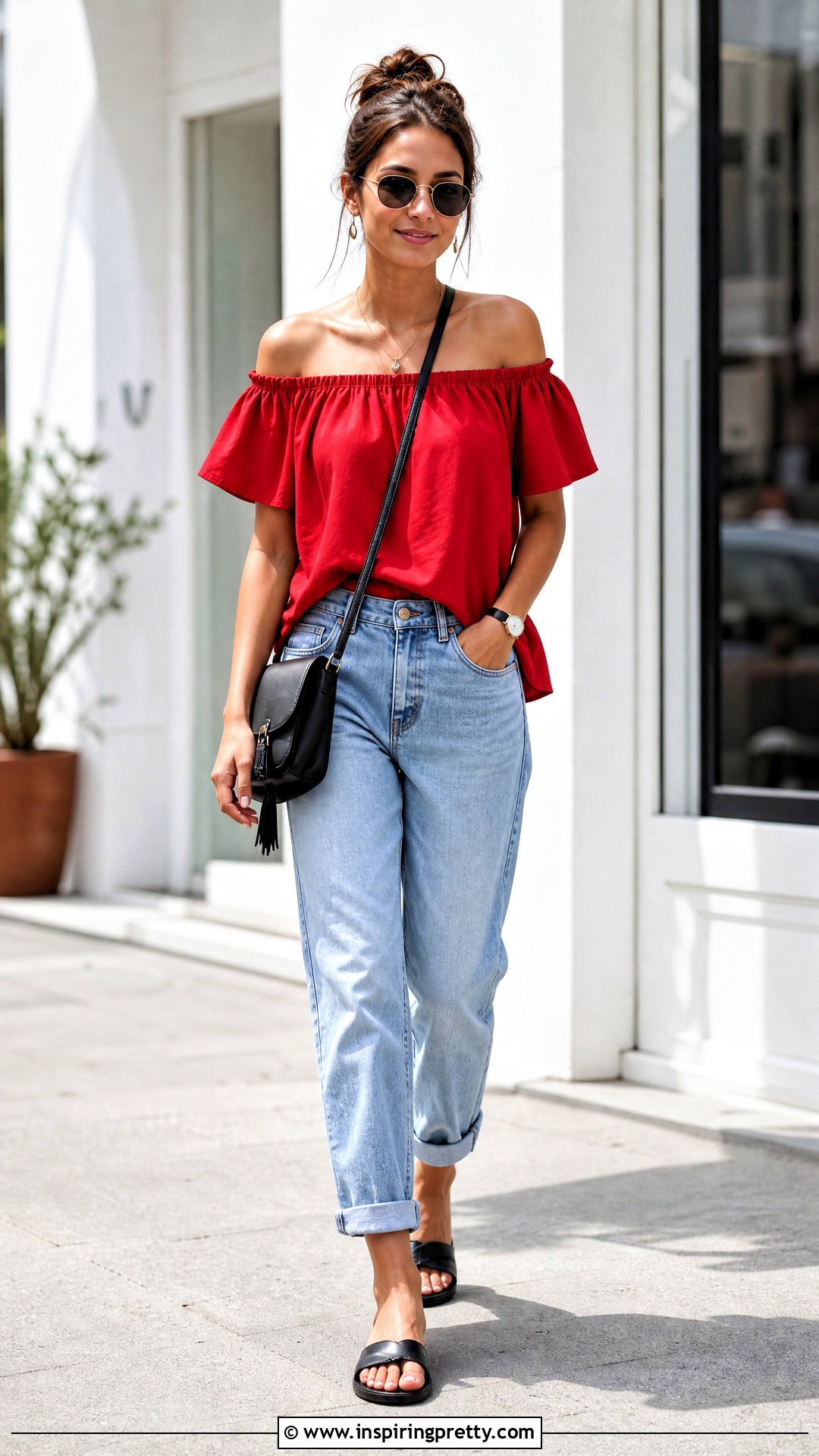 Red Off The Shoulder Top With Boyfriend Jeans - 50 red off the shoulder top outfit ideas