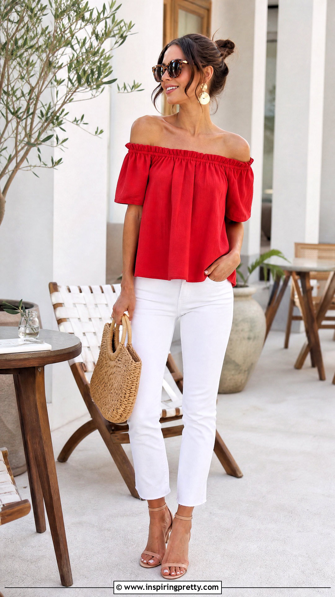 Red Off The Shoulder Top With White Jeans - 50 red off the shoulder top outfit ideas