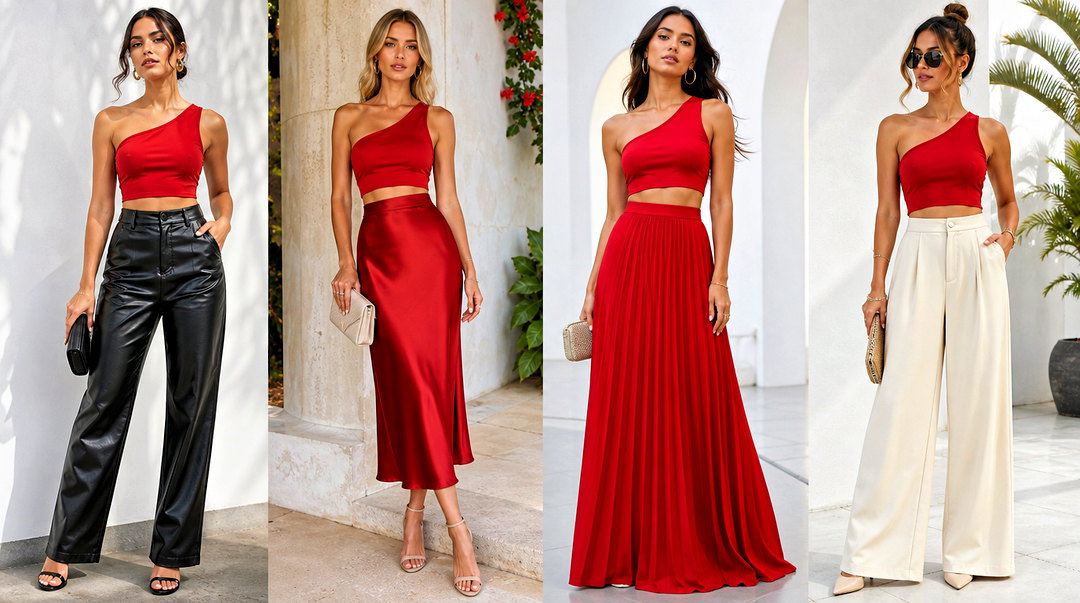 20 Red One-Shoulder Crop Top Outfit Ideas for Night-Out Style