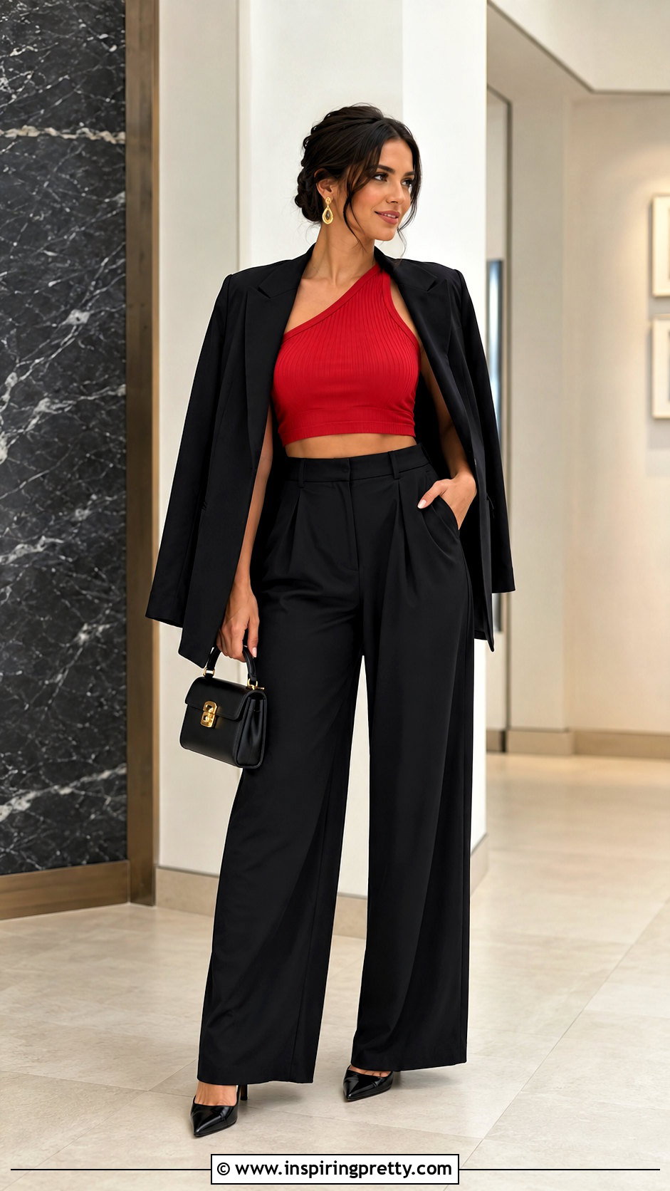 Red One Shoulder Crop Top With Black Wide Leg Pants - 20 Red One-Shoulder Crop Top outfit ideas