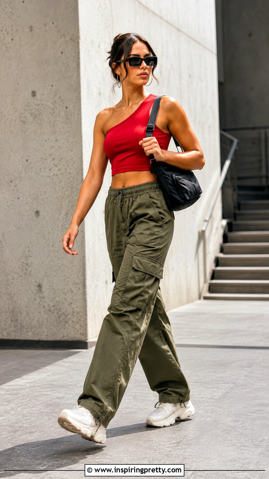 Red One Shoulder Crop Top With Cargo Pants - 20 Red One-Shoulder Crop Top outfit ideas