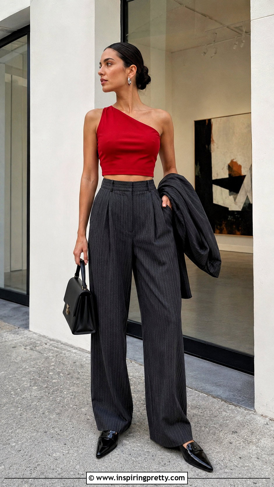 Red One Shoulder Crop Top With Pinstripe Trousers - 20 Red One-Shoulder Crop Top outfit ideas
