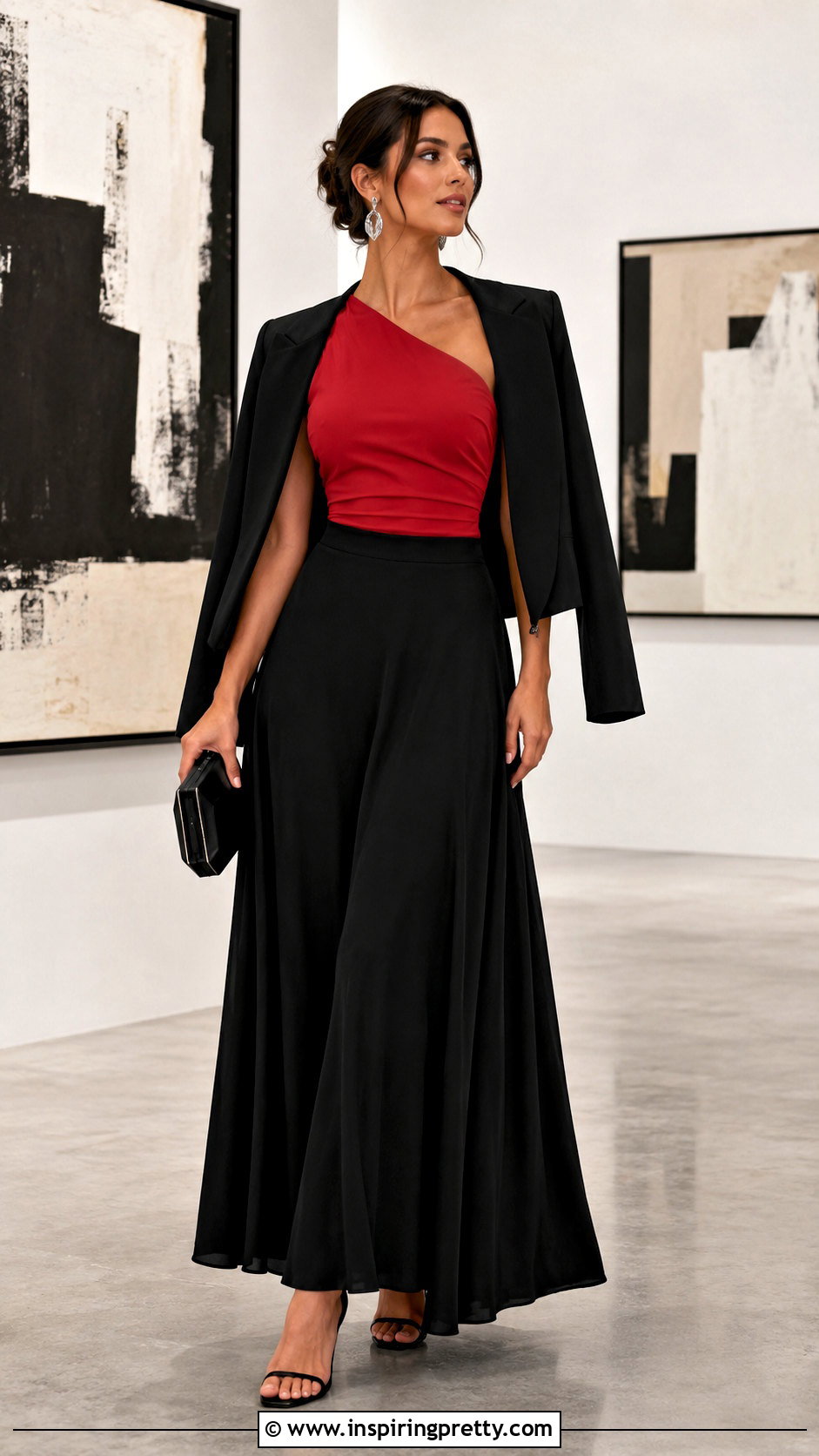 Red One Shoulder Top With Black Maxi Skirt - 50 top rojo outfits noche ideas