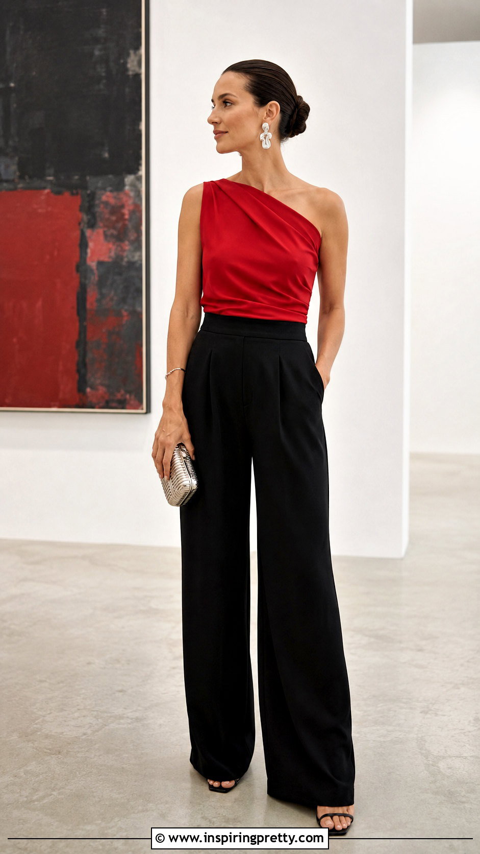 Red One Shoulder Top With Black Trousers - 50 red top outfit summer ideas