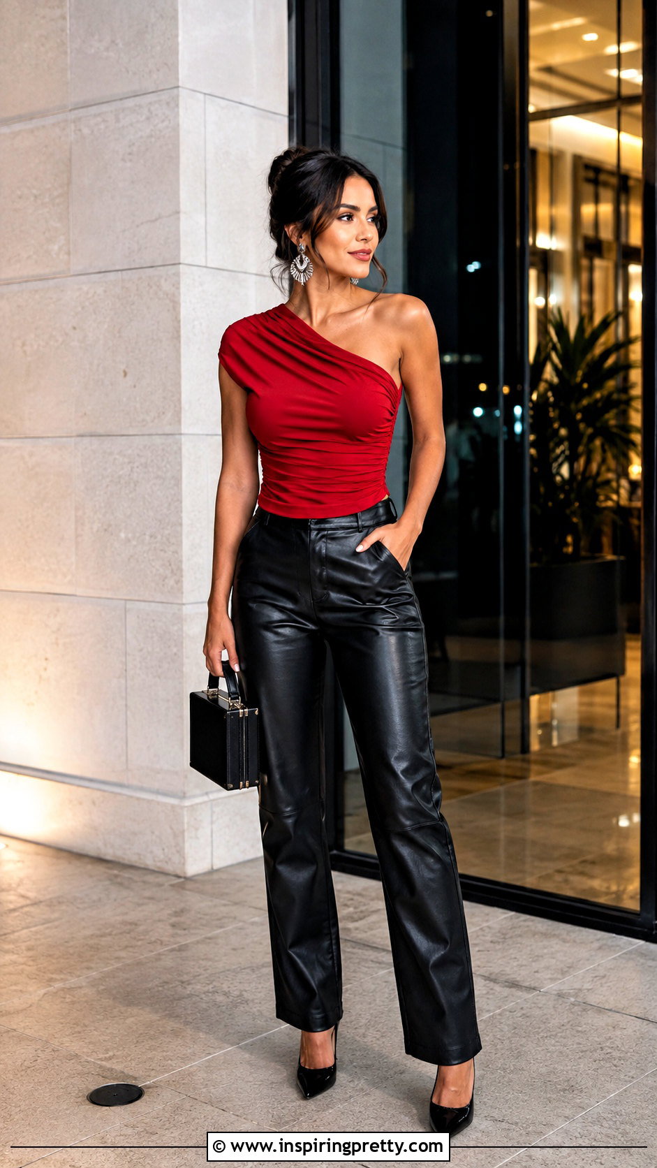 Red One Shoulder Top With Leather Pants - 50 red top outfit party ideas