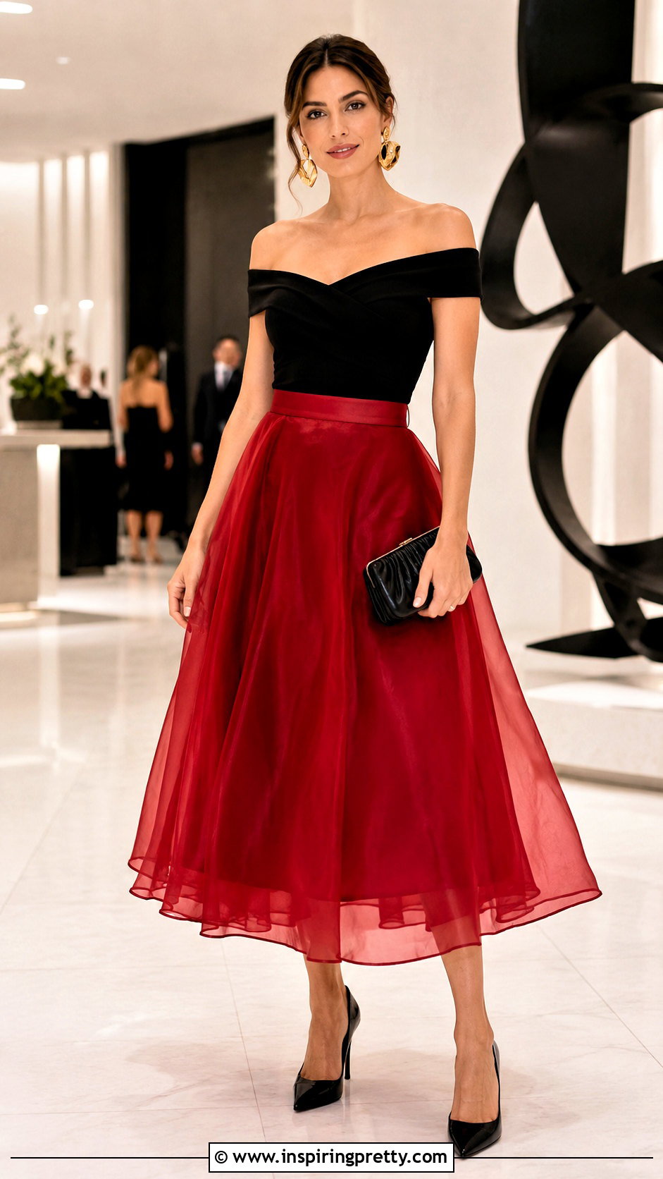 Red Organza Skirt With Black Off Shoulder Top - 20 organza skirt and top outfit ideas