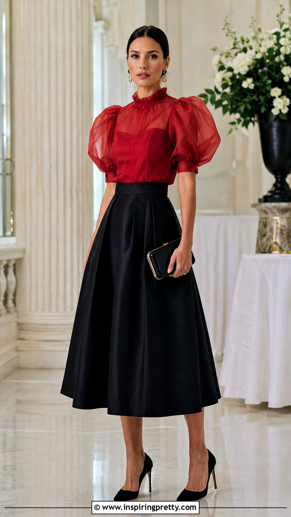 Red Organza Top With Black Midi Skirt - 50 organza top styles