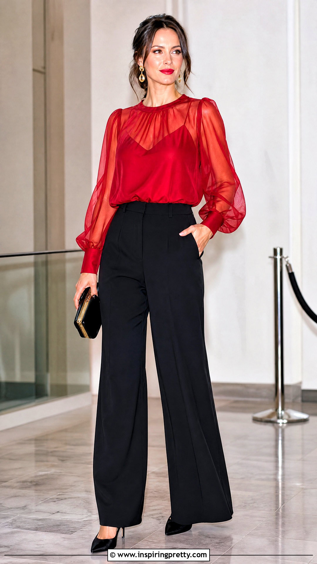 Red Organza Top With Black Trousers - 50 organza tops outfit ideas
