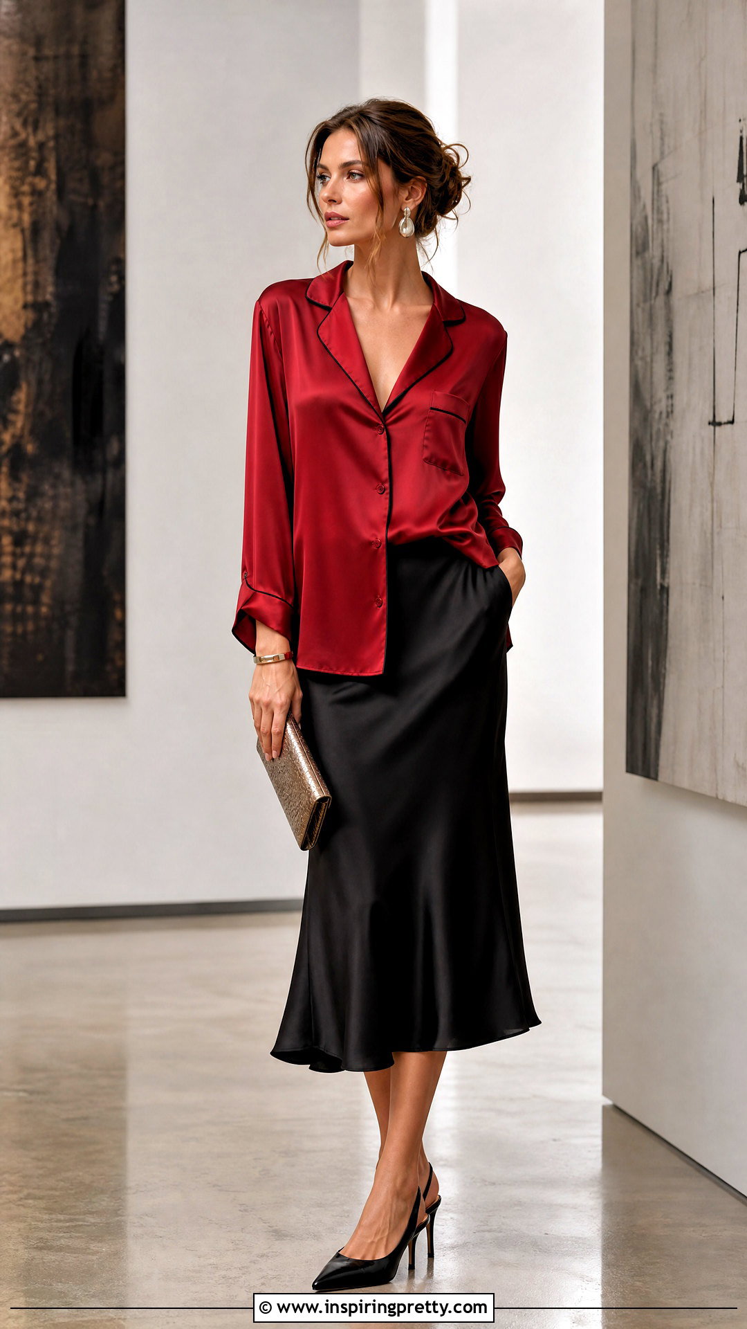 Red PJ Top With Black Satin Midi Skirt - 25 Red Pj Top outfit ideas