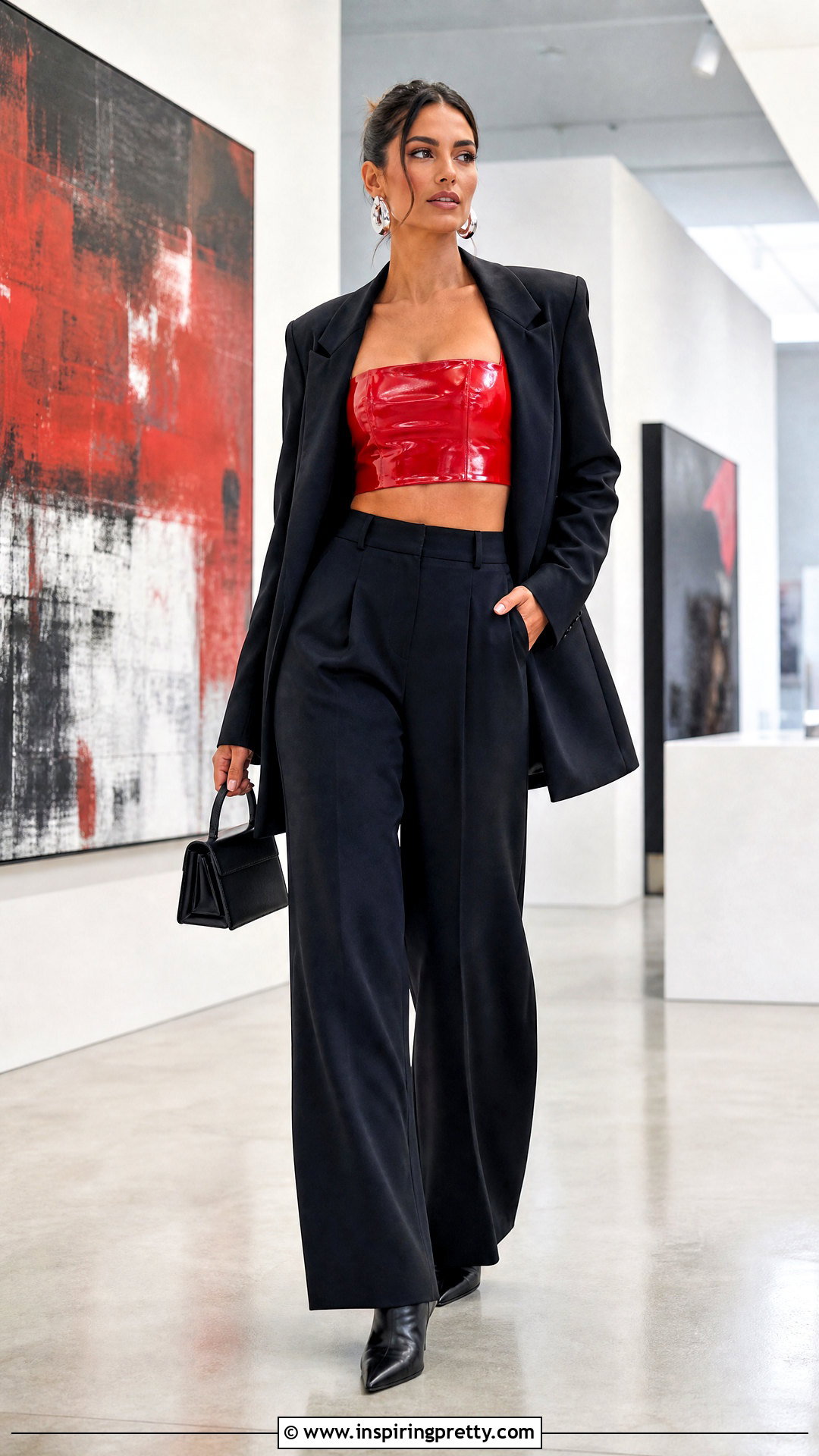 Red PVC Crop Top With Black Trousers - 20 pvc crop top outfit ideas