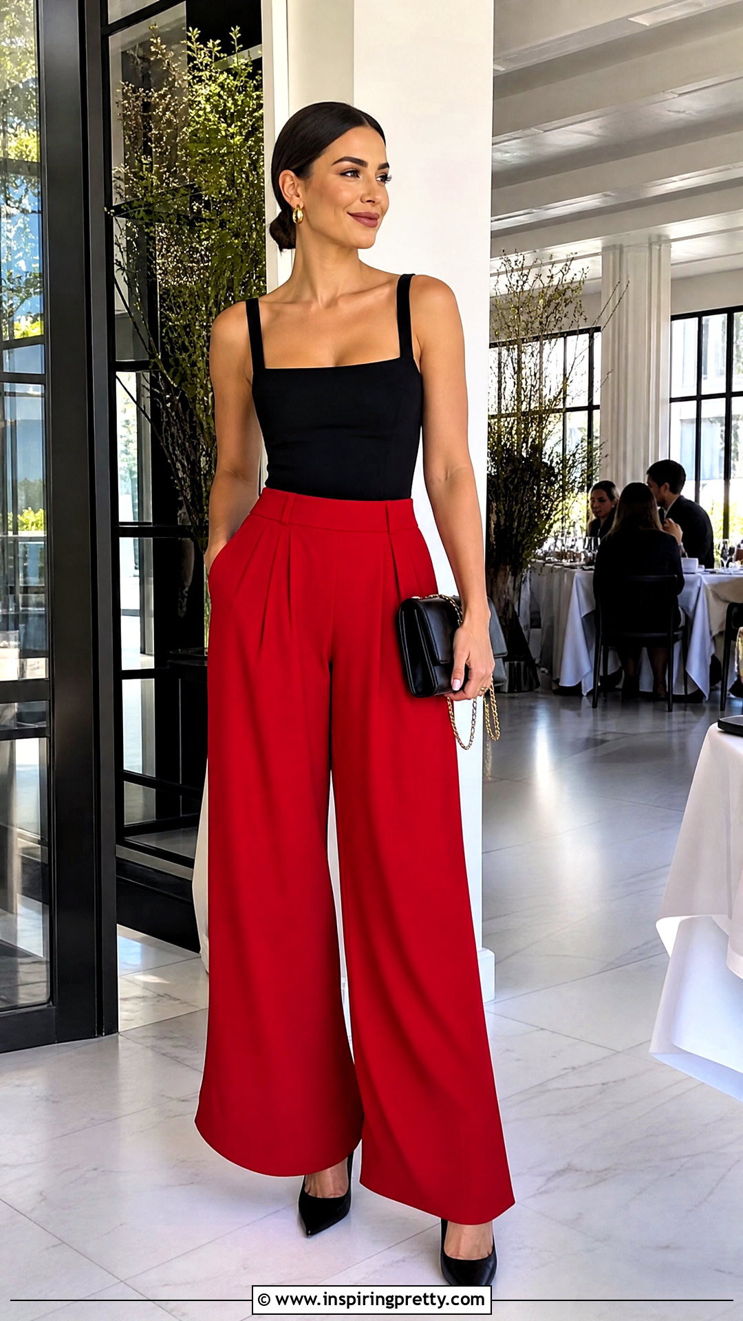 Red Palazzo Trousers With Black Top - 50 palazzo trouser and top outfit ideas