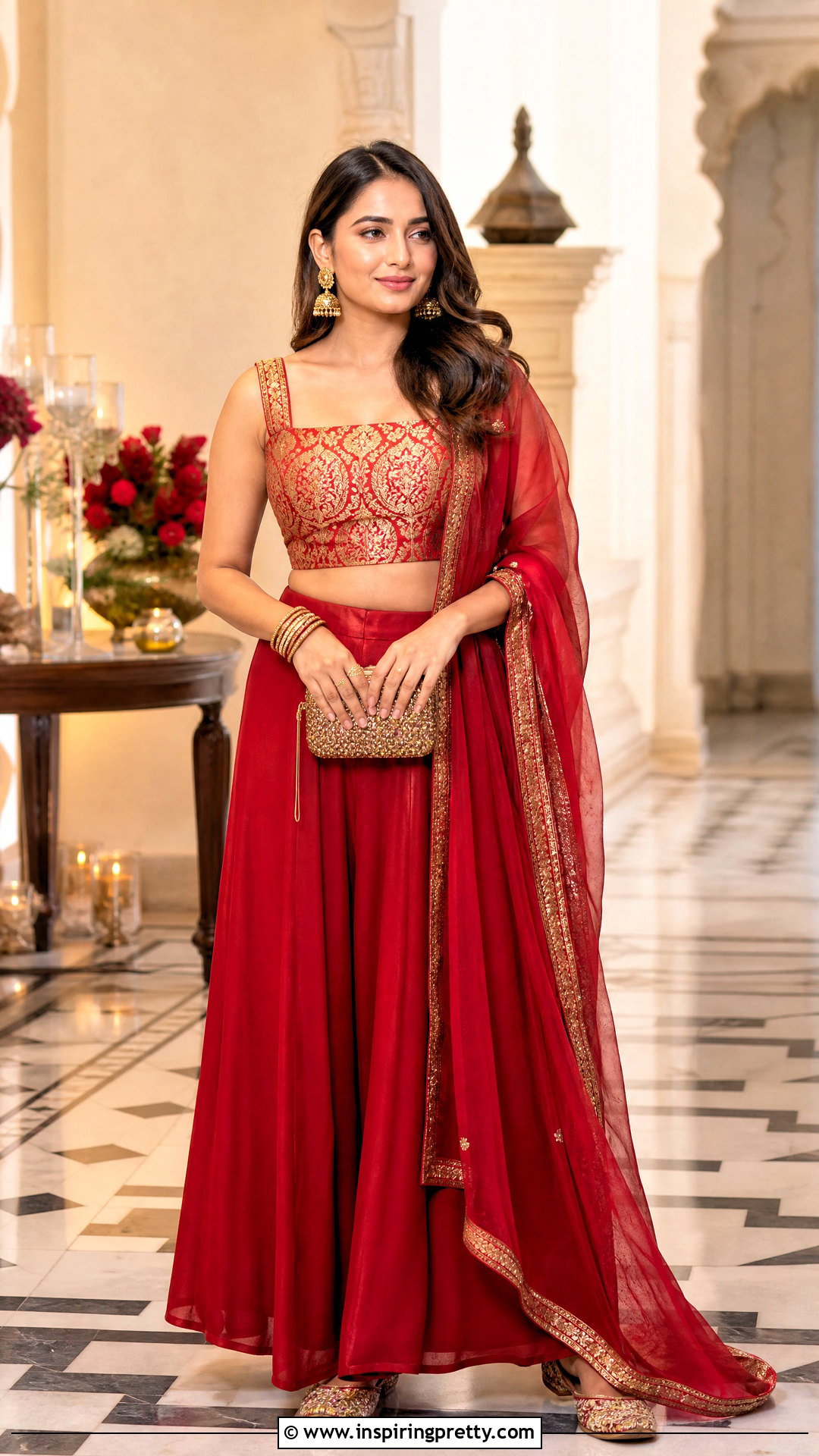 Red Palazzo With Brocade Crop Top And Dupatta - 20 plazzo with crop top and dupatta outfit ideas