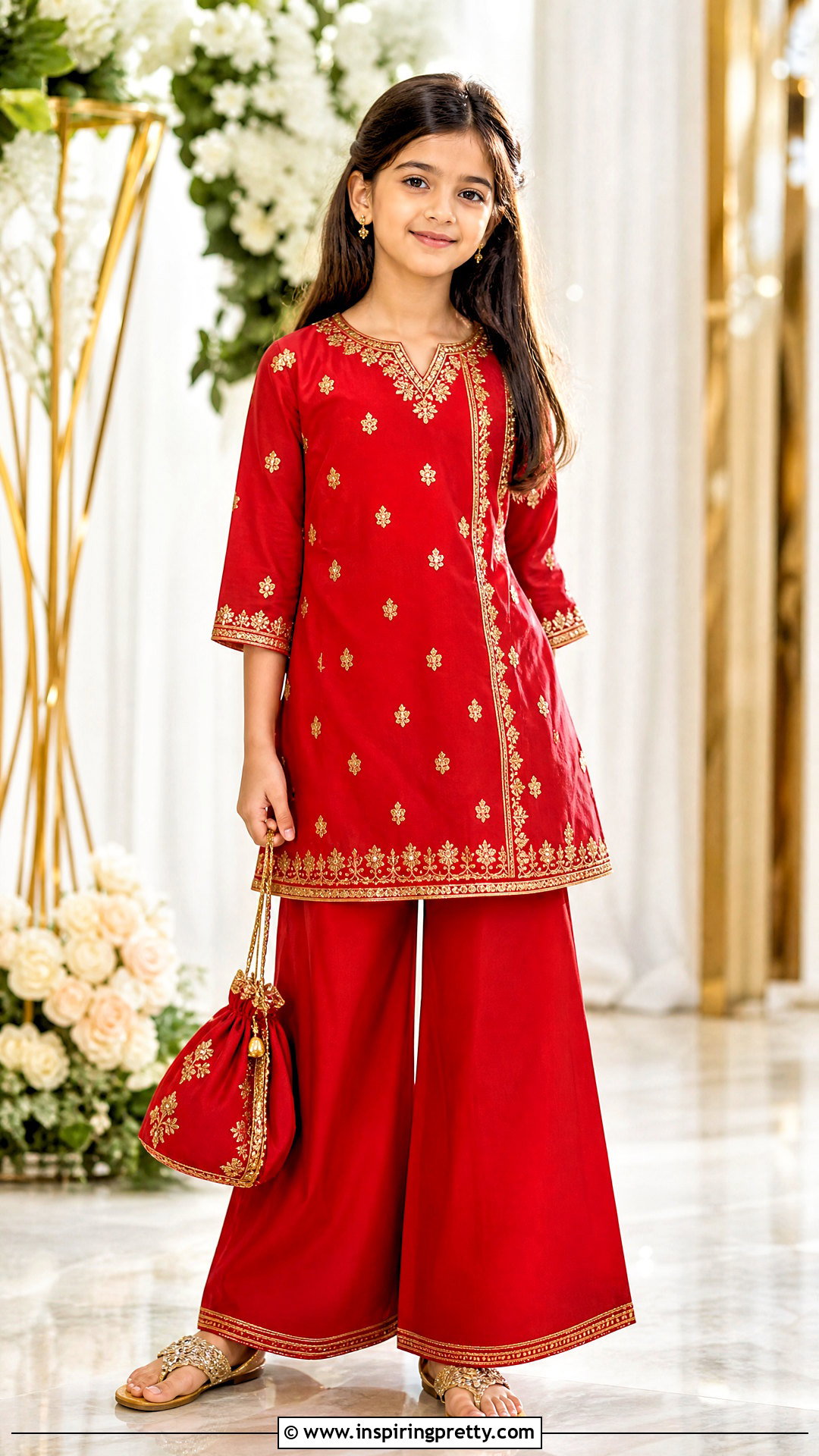 Red Palazzo With Embroidered Kurta - 50 kids plazo with tops