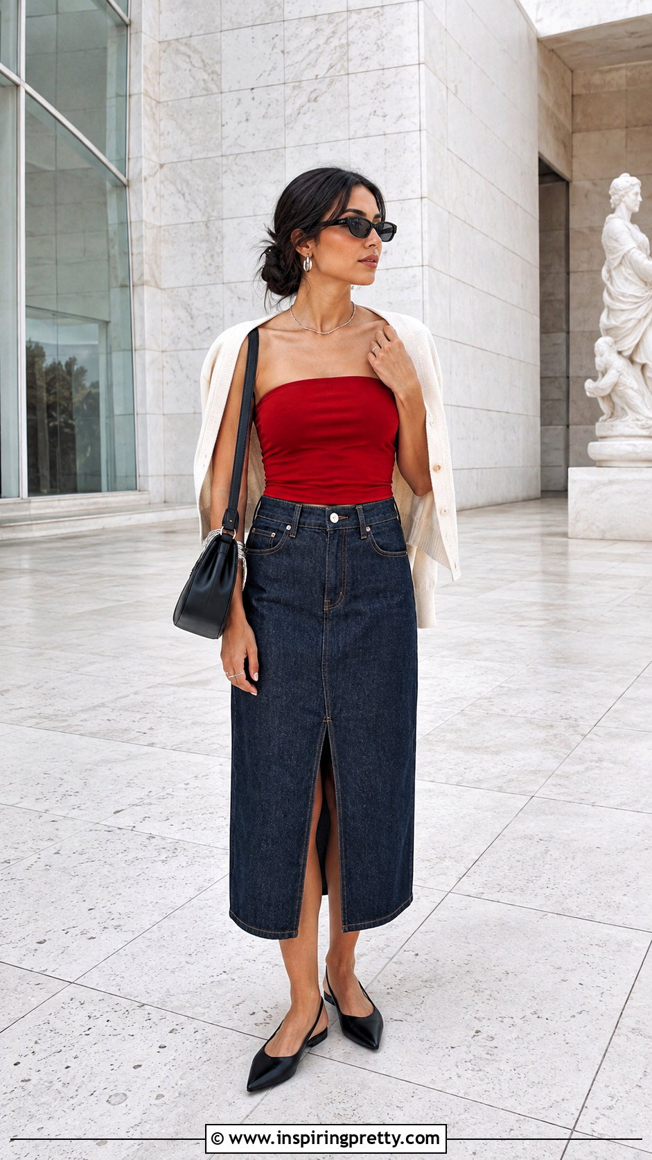 Red Paloma Wool Tube Top With Denim Midi Skirt - 25 paloma wool tube top outfit ideas