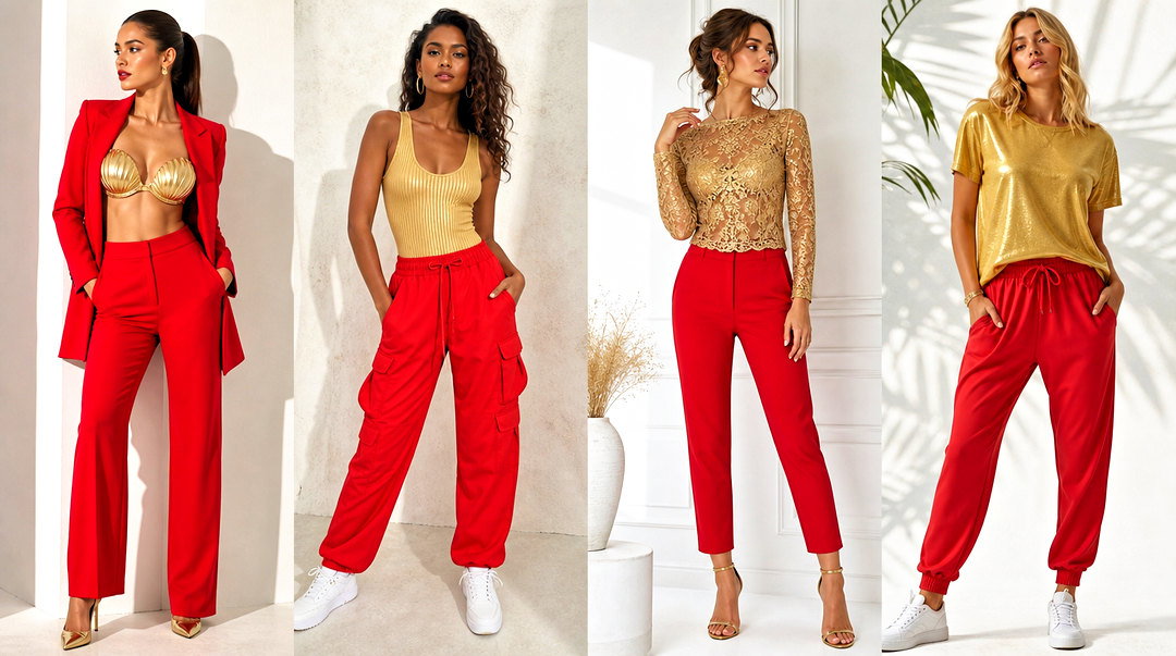 25 Red Pants Gold Tops Outfit Ideas for Luxe Event Style
