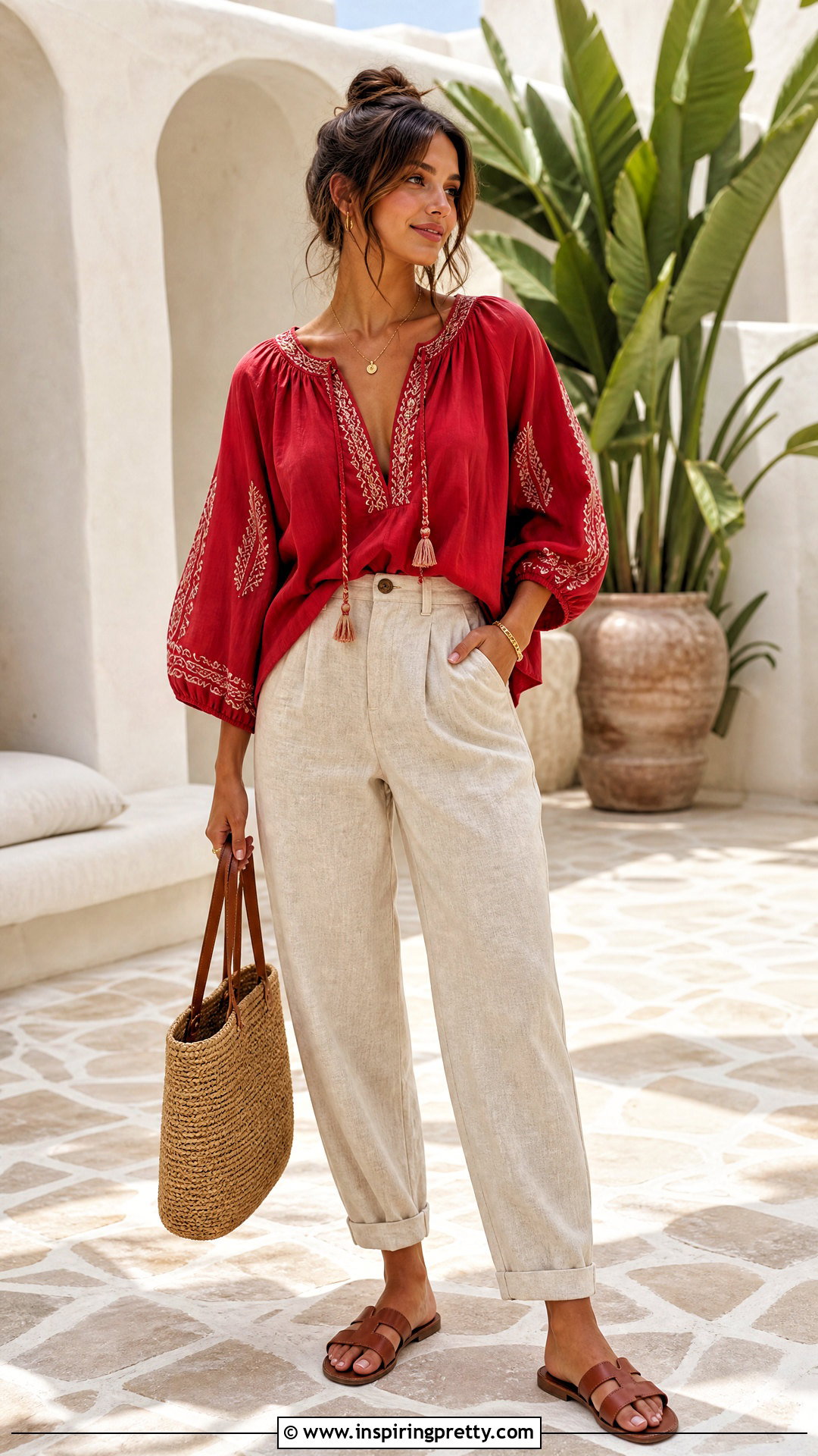 Red Peasant Top With Beige Linen Pants - 25 Red Peasant Top outfit ideas