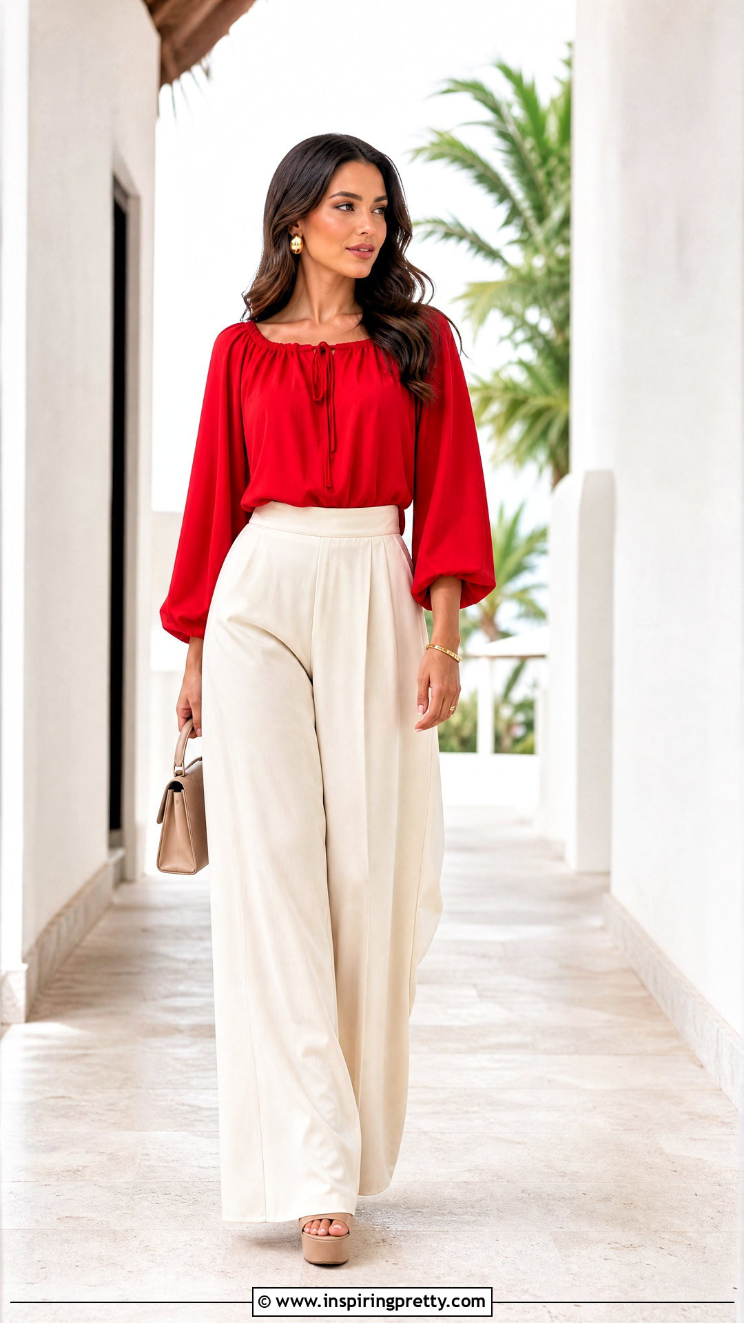 Red Peasant Top With Cream Palazzo Pants - 25 Red Peasant Top outfit ideas