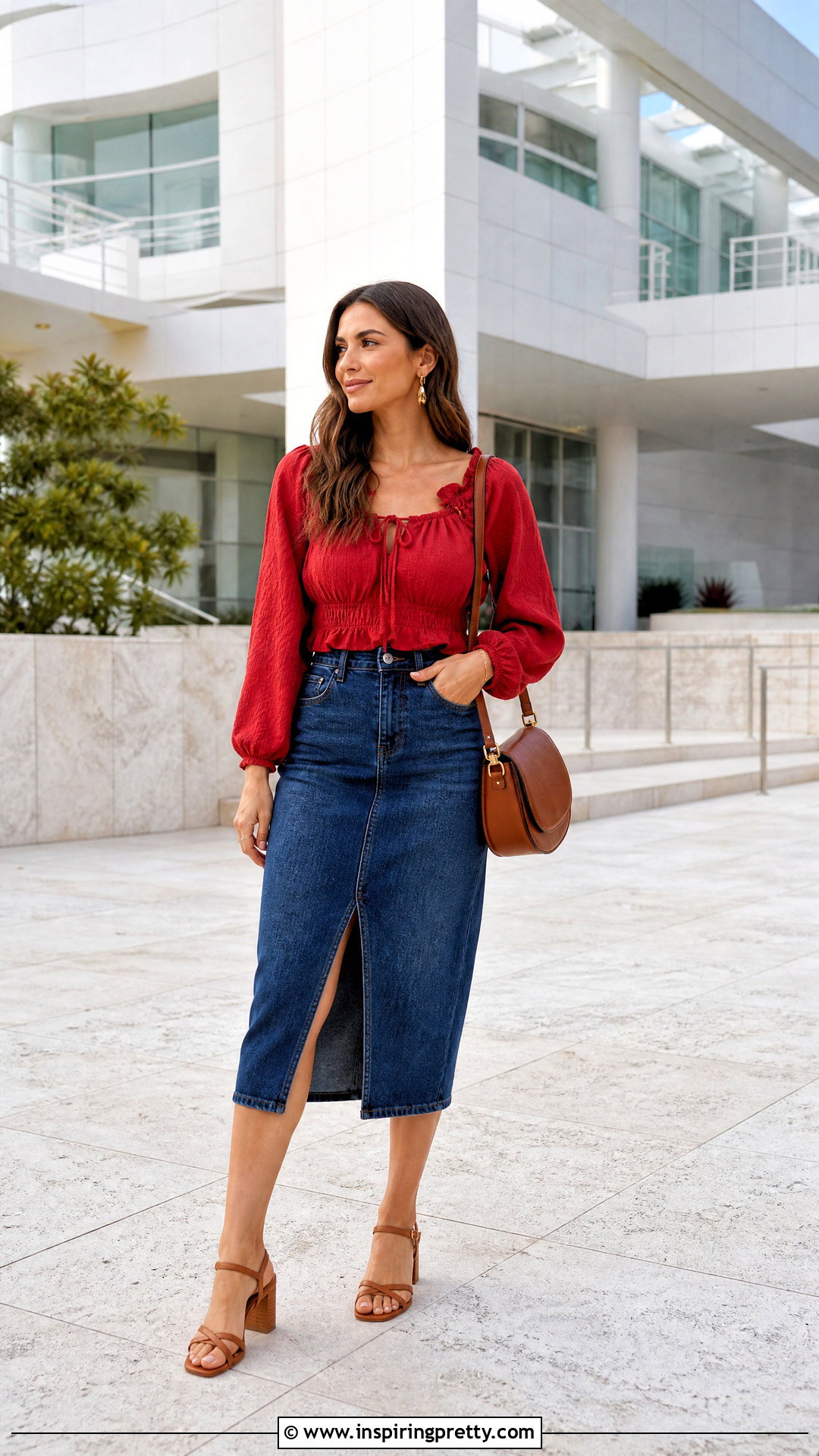 Red Peasant Top With Denim Midi Skirt - 25 Red Peasant Top outfit ideas