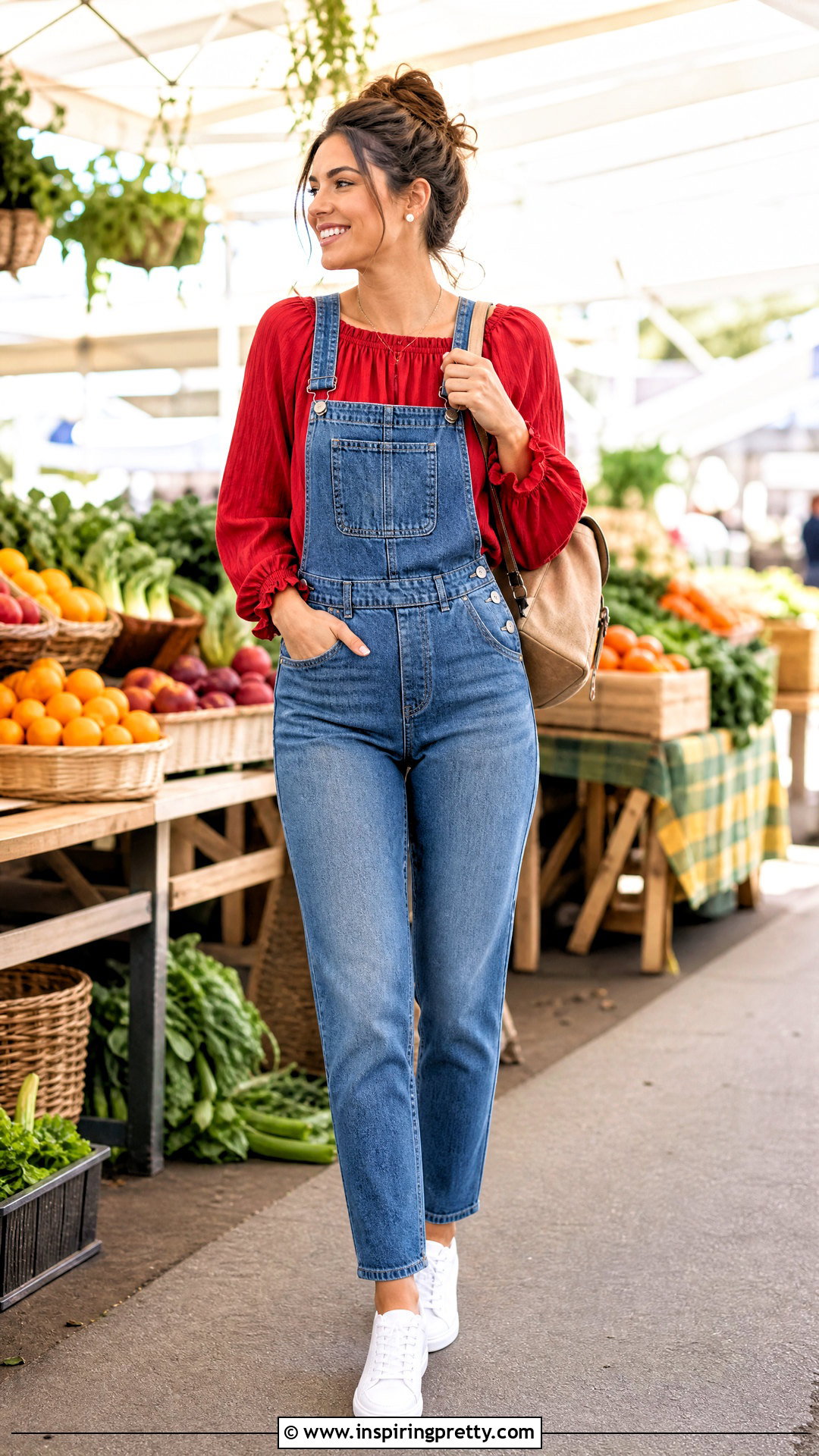 Red Peasant Top With Denim Overalls - 25 Red Peasant Top outfit ideas