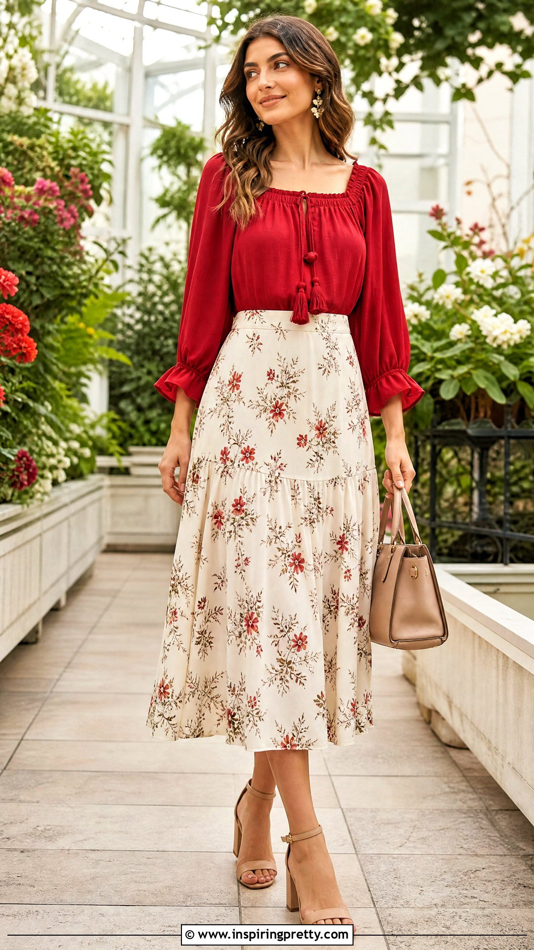 Red Peasant Top With Floral Midi Skirt - 25 Red Peasant Top outfit ideas