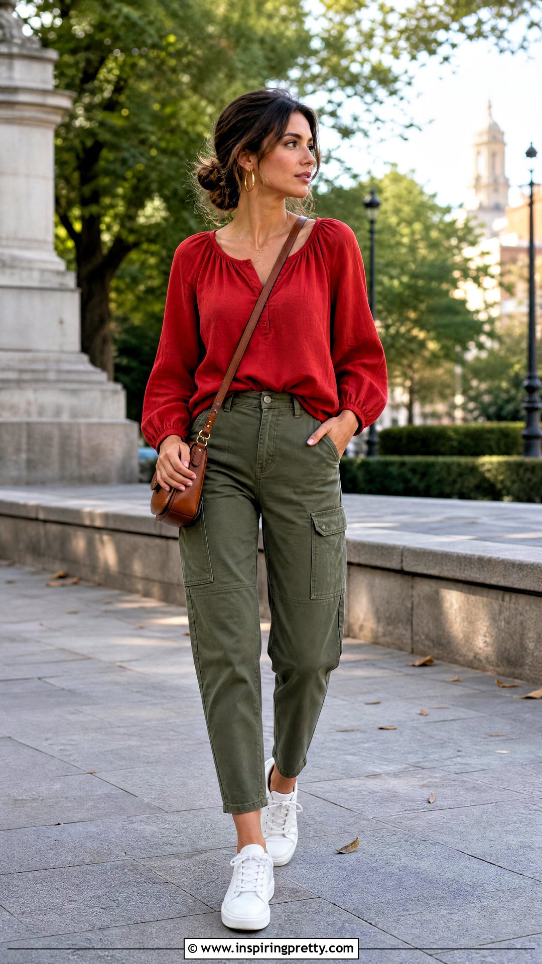 Red Peasant Top With Olive Cargo Pants - 25 Red Peasant Top outfit ideas