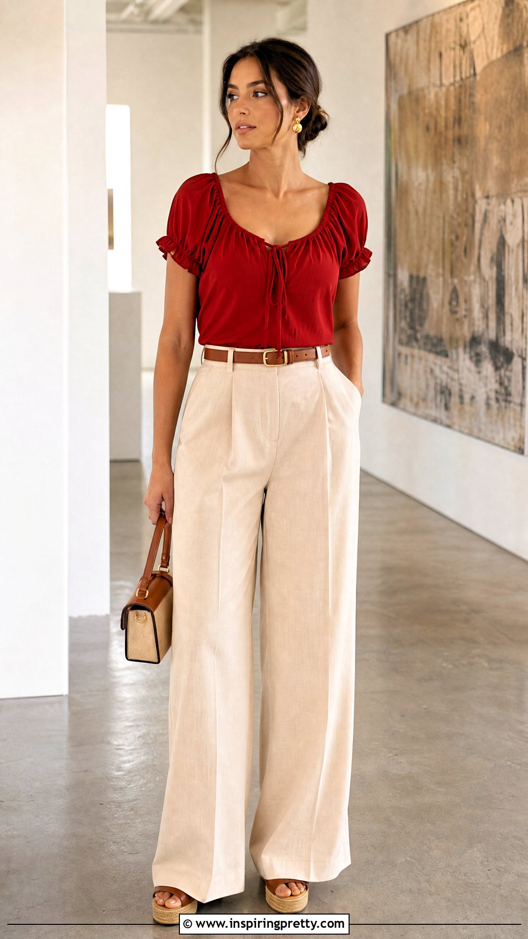 Red Peasant Top With Wide Leg Trousers - 25 Red Peasant Top outfit ideas