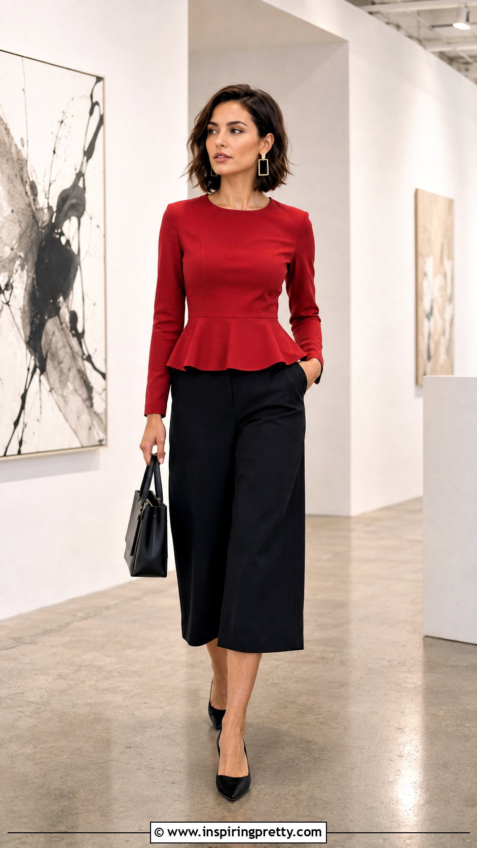 Red Peplum Top With Black Culottes - 20 red peplum top long sleeve outfit ideas