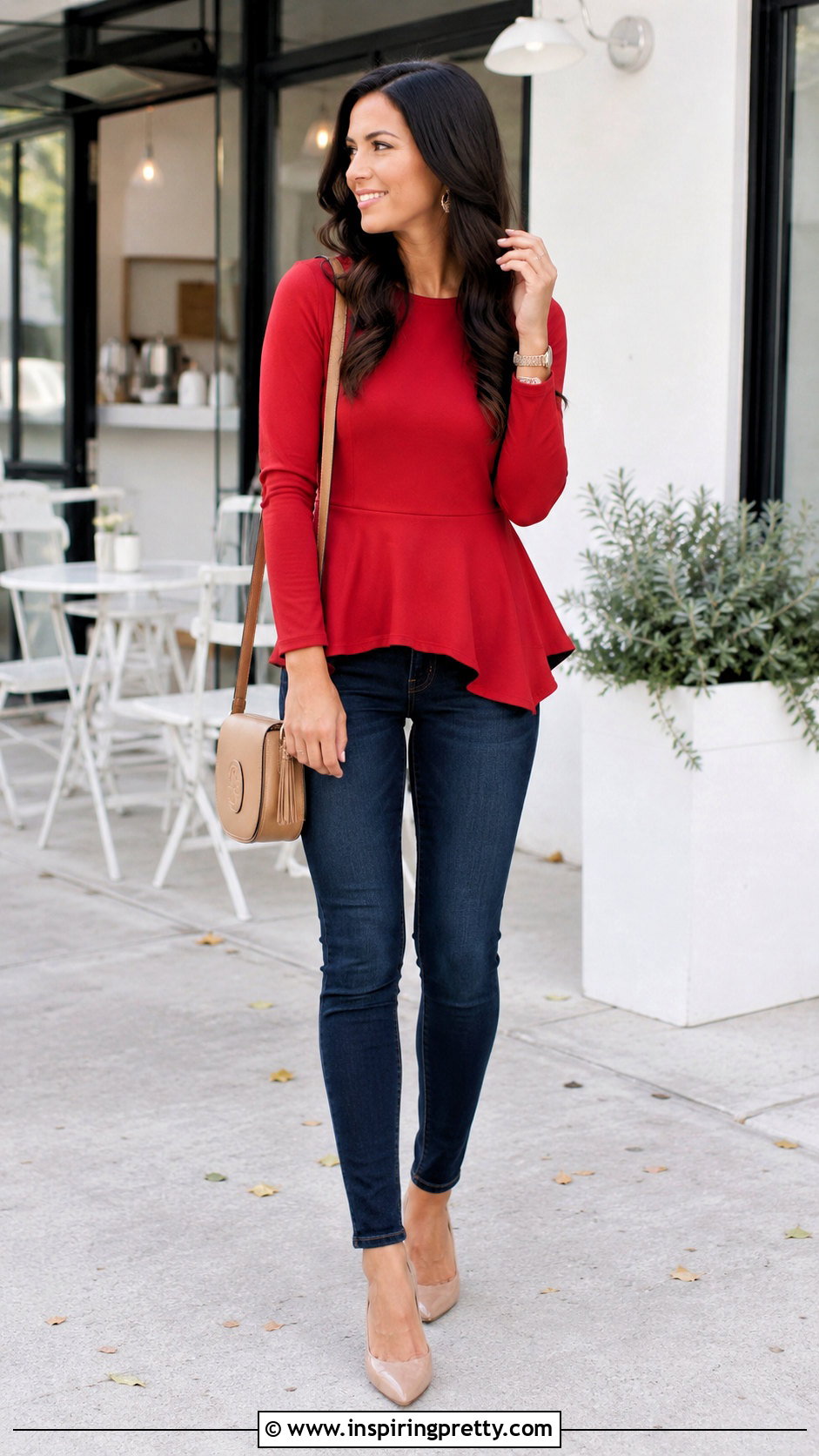 Red Peplum Top With Dark Wash Skinny Jeans - 20 red peplum top long sleeve outfit ideas