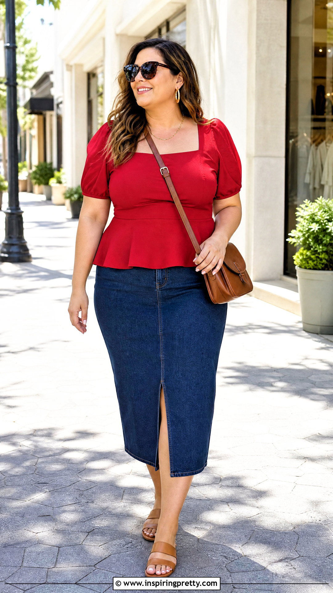 Red Peplum Top With Denim Midi Skirt - 20 Red Peplum Top Fashion outfit ideas