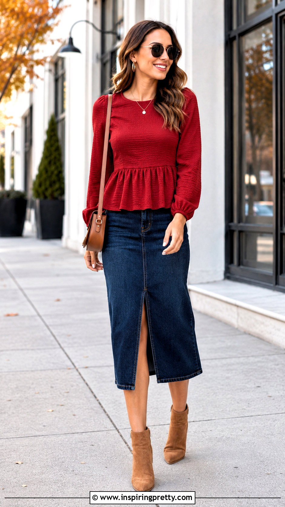 Red Peplum Top With Denim Midi Skirt - 20 red peplum top long sleeve outfit ideas