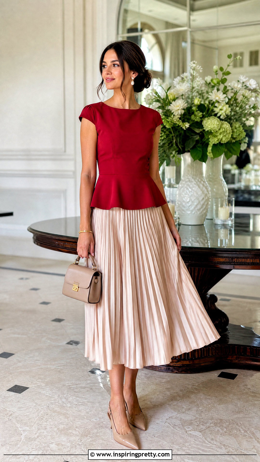 Red Peplum Top With Pleated Midi Skirt - 20 Red Peplum Top Fashion outfit ideas