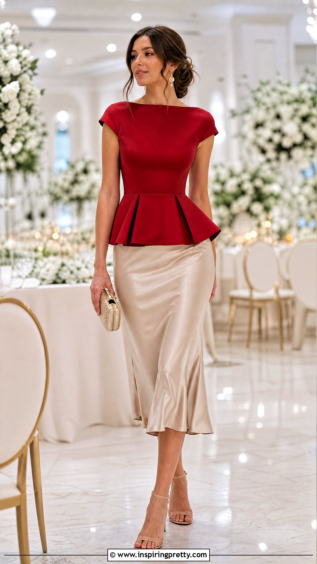 Red Peplum Top With Satin Midi Skirt - 20 Red Peplum Top Fashion outfit ideas