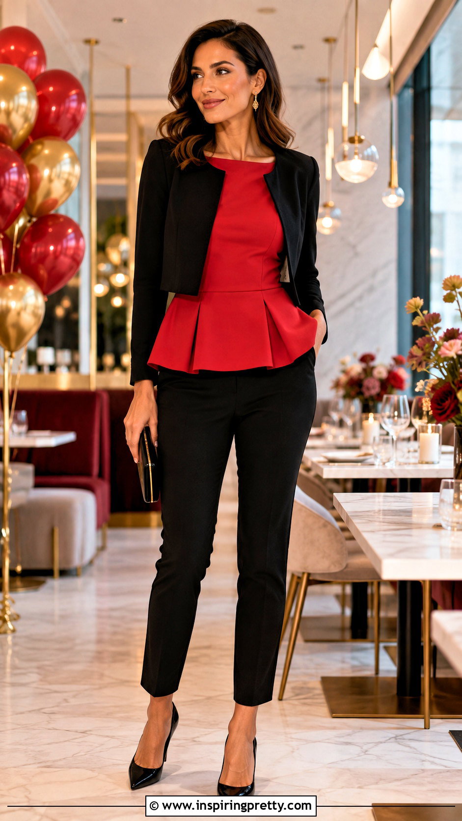 Red Peplum Top With Slim Black Pants - 50 top rojo outfits noche ideas