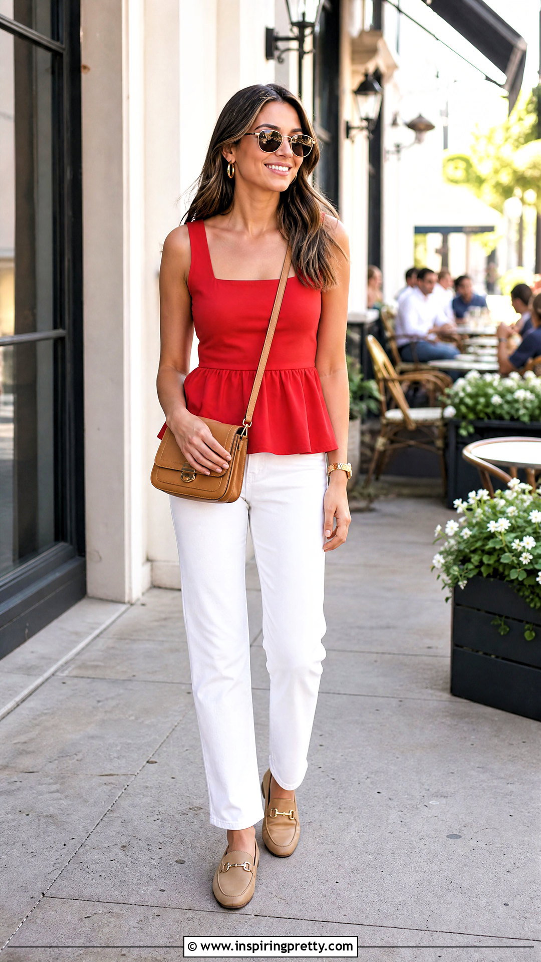 Red Peplum Top With White Straight Leg Jeans - 20 Elegant Red Peplum Top outfit ideas