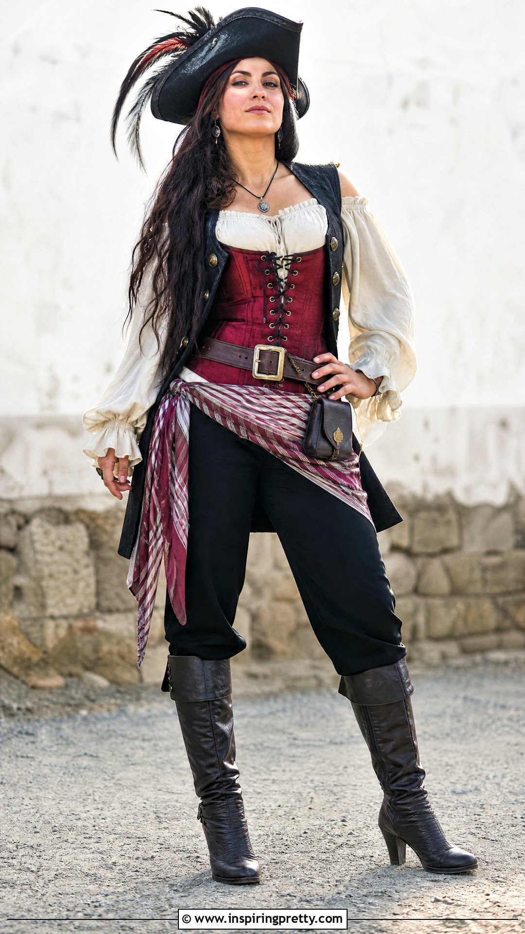 Red Pirate Corset Top With Black Pants - 25 female pirate top outfit ideas