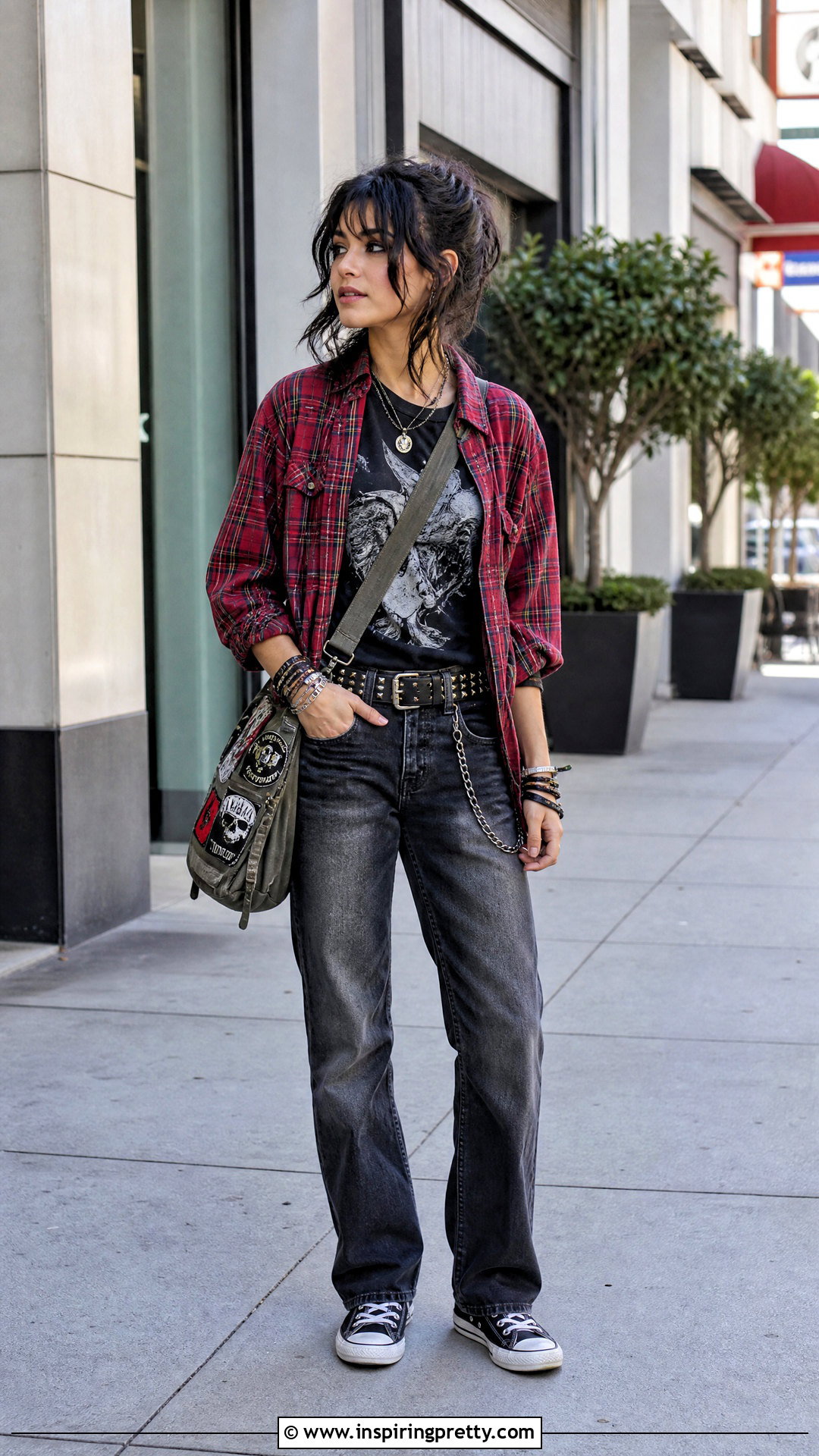 Red Plaid Shirt And Band Tee Emo Outfit - 50 emo top outfit ideas