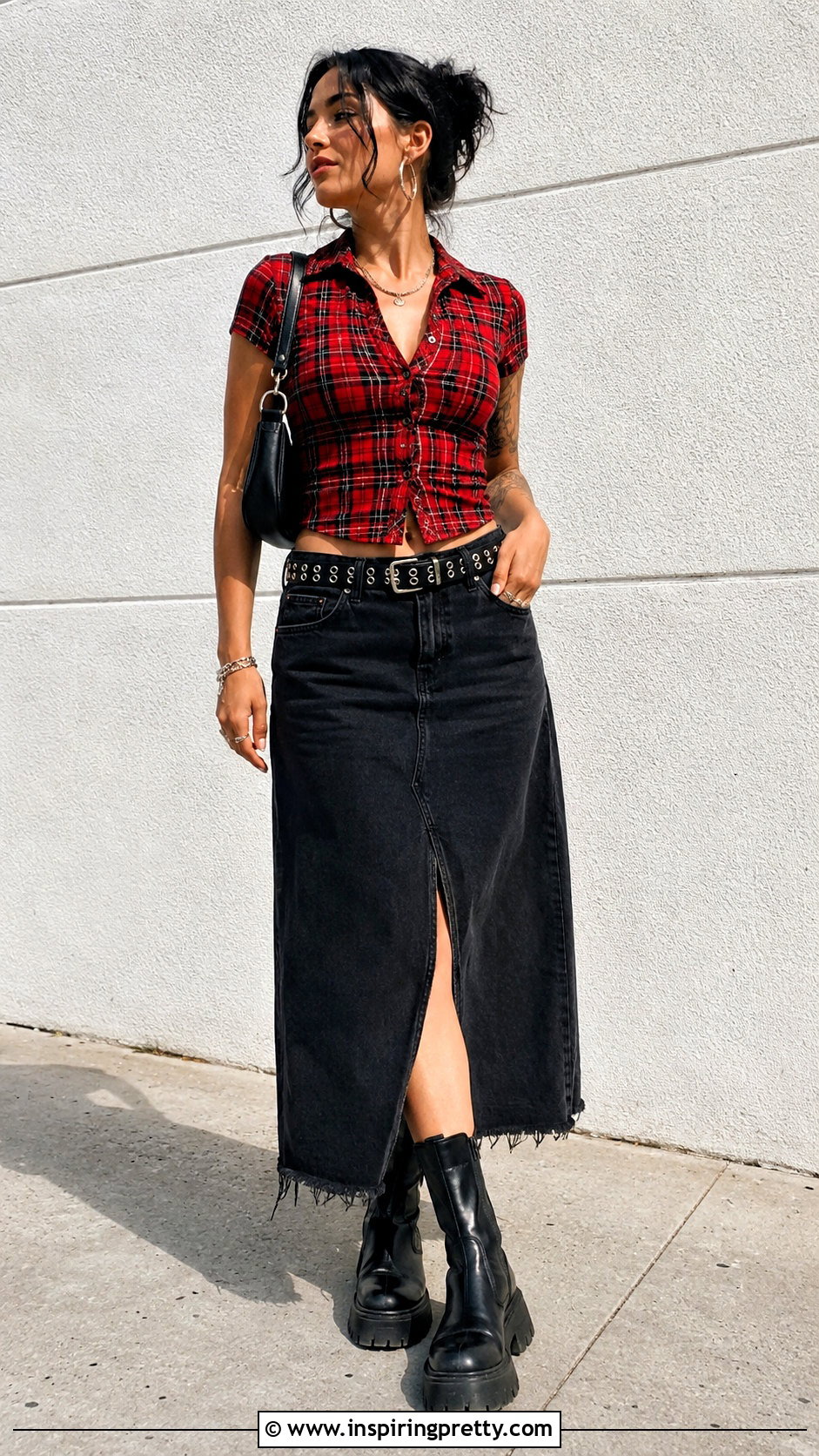 Red Plaid Top With Black Skirt - 50 alt tops outfit ideas