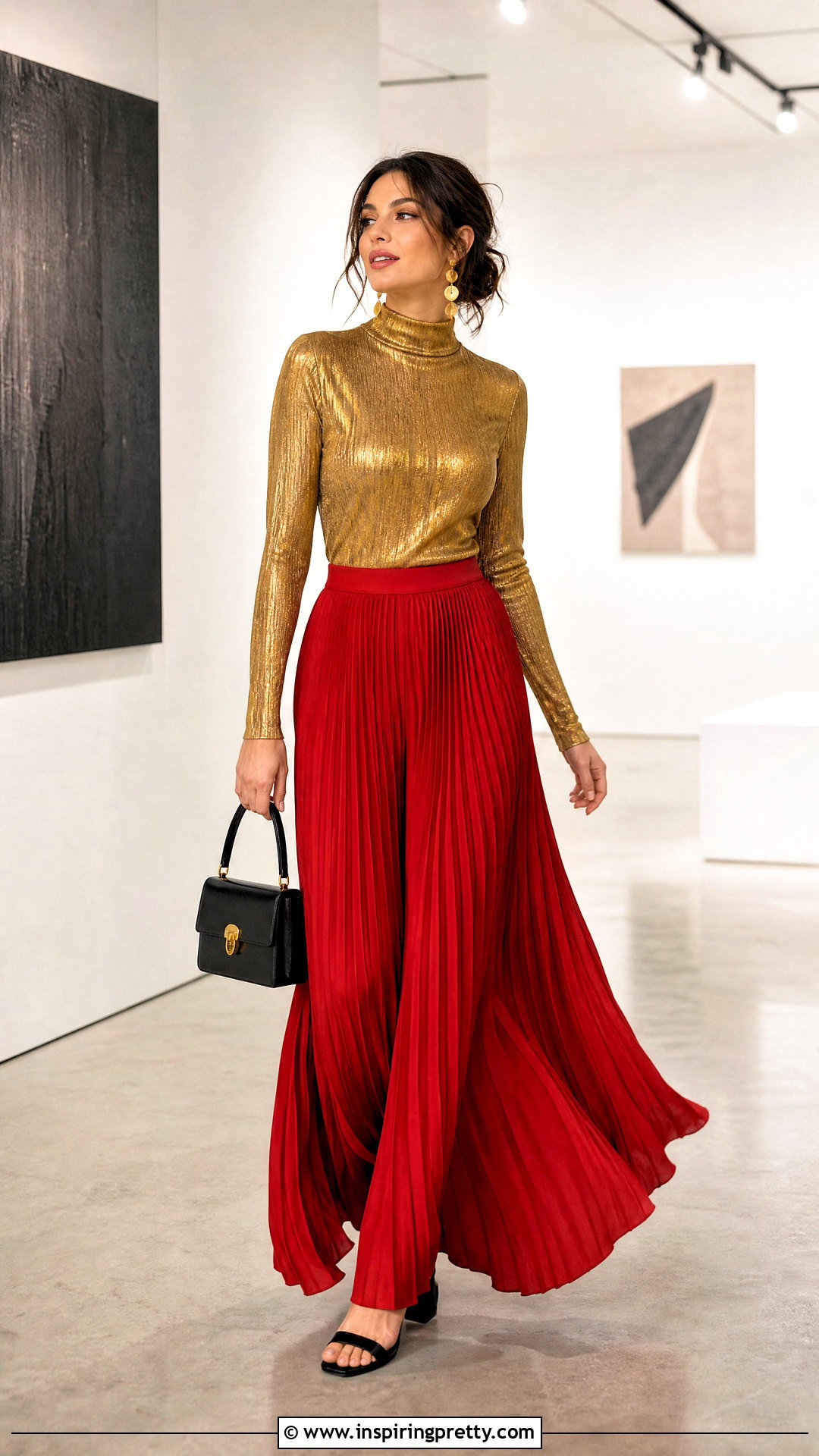 Red Pleated Pants With Gold Mock Neck Top - 25 Red Pants Gold Tops