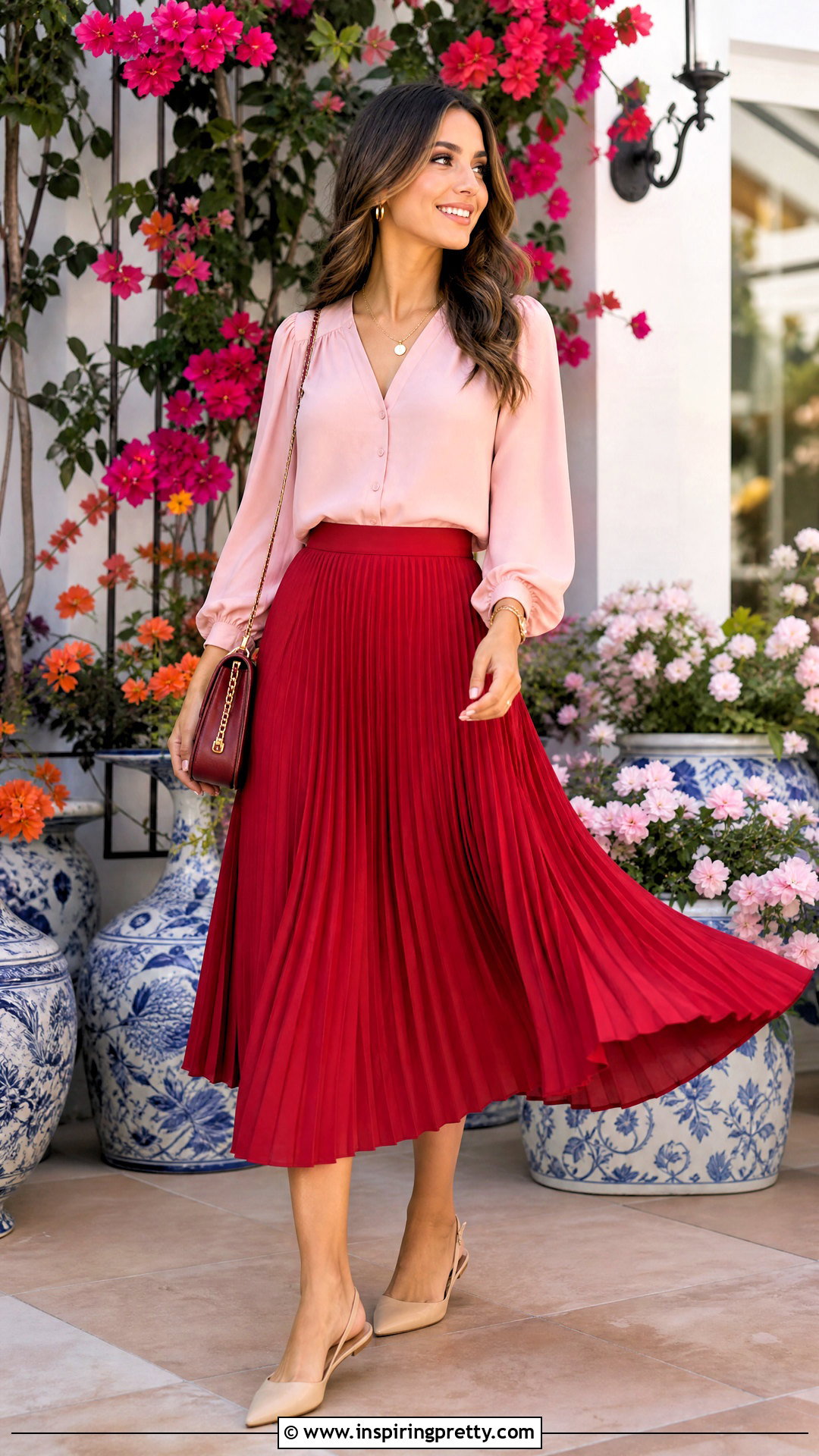Red Pleated Skirt With Pink Blouse - 50 pleated skirt and top outfit ideas