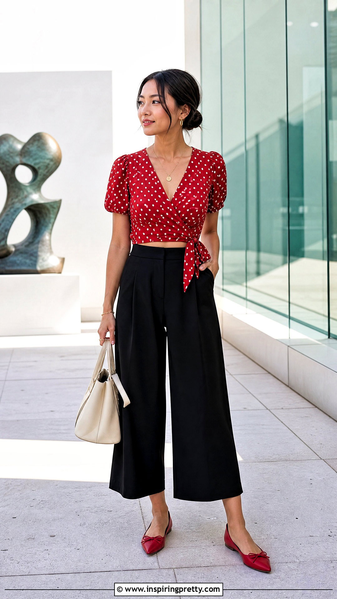 Red Polka Dot Crop Top With Black Culottes - 20 Red Polka Dot Crop Top outfit ideas