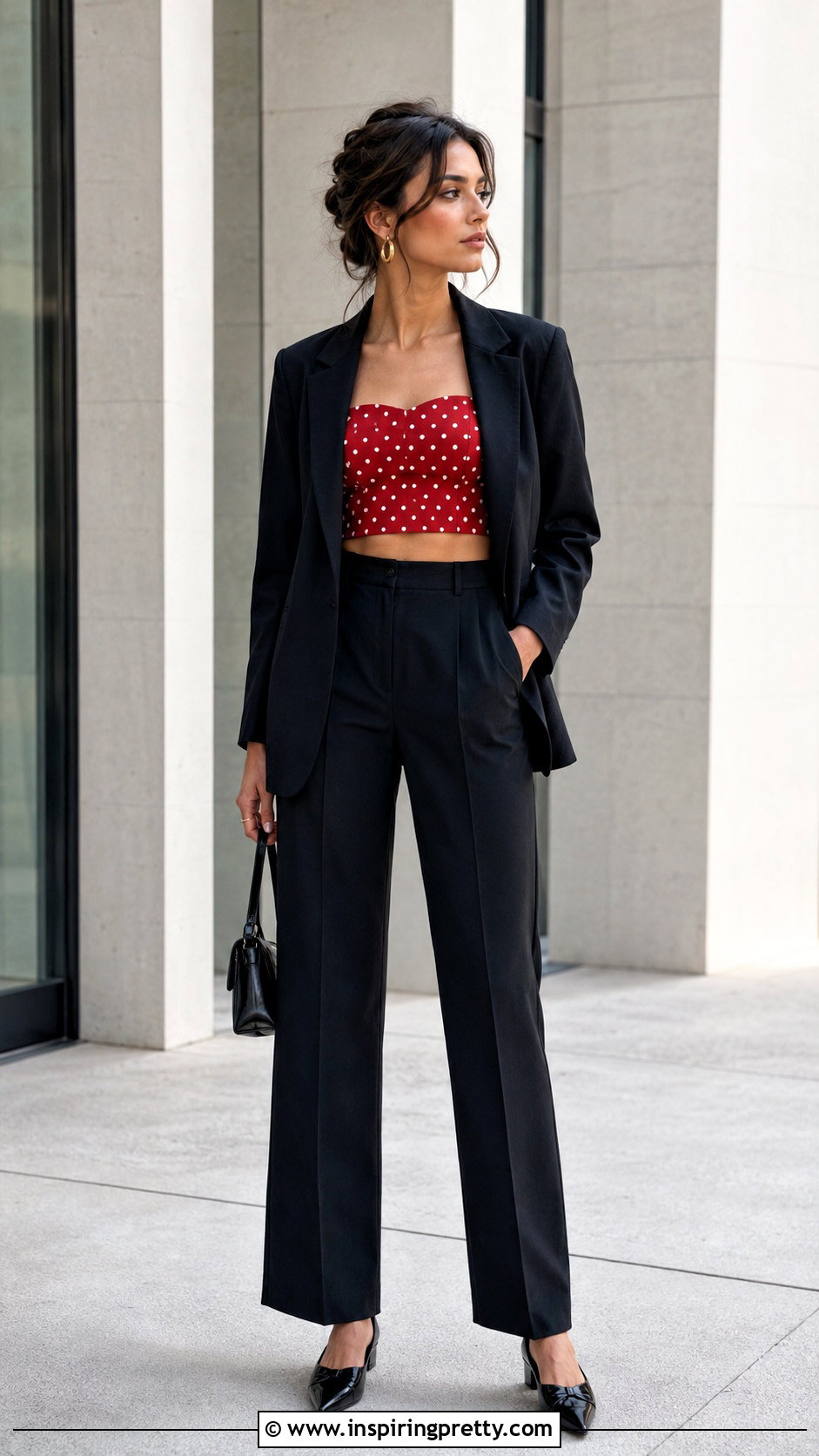 Red Polka Dot Crop Top With Black Tailored Trousers - 20 Red Polka Dot Crop Top outfit ideas