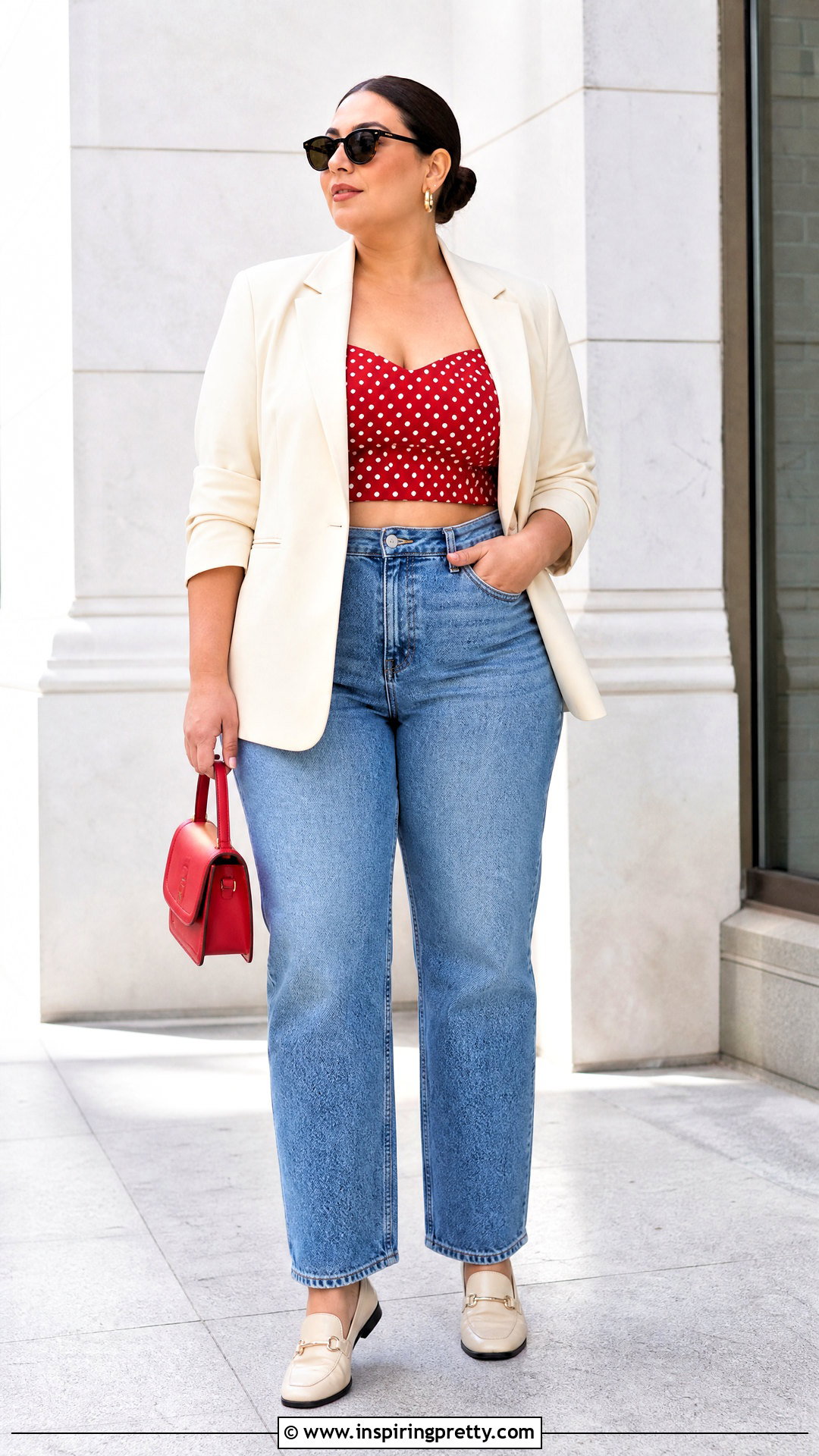 Red Polka Dot Crop Top With Blazer And Jeans - 20 Red Polka Dot Crop Top outfit ideas