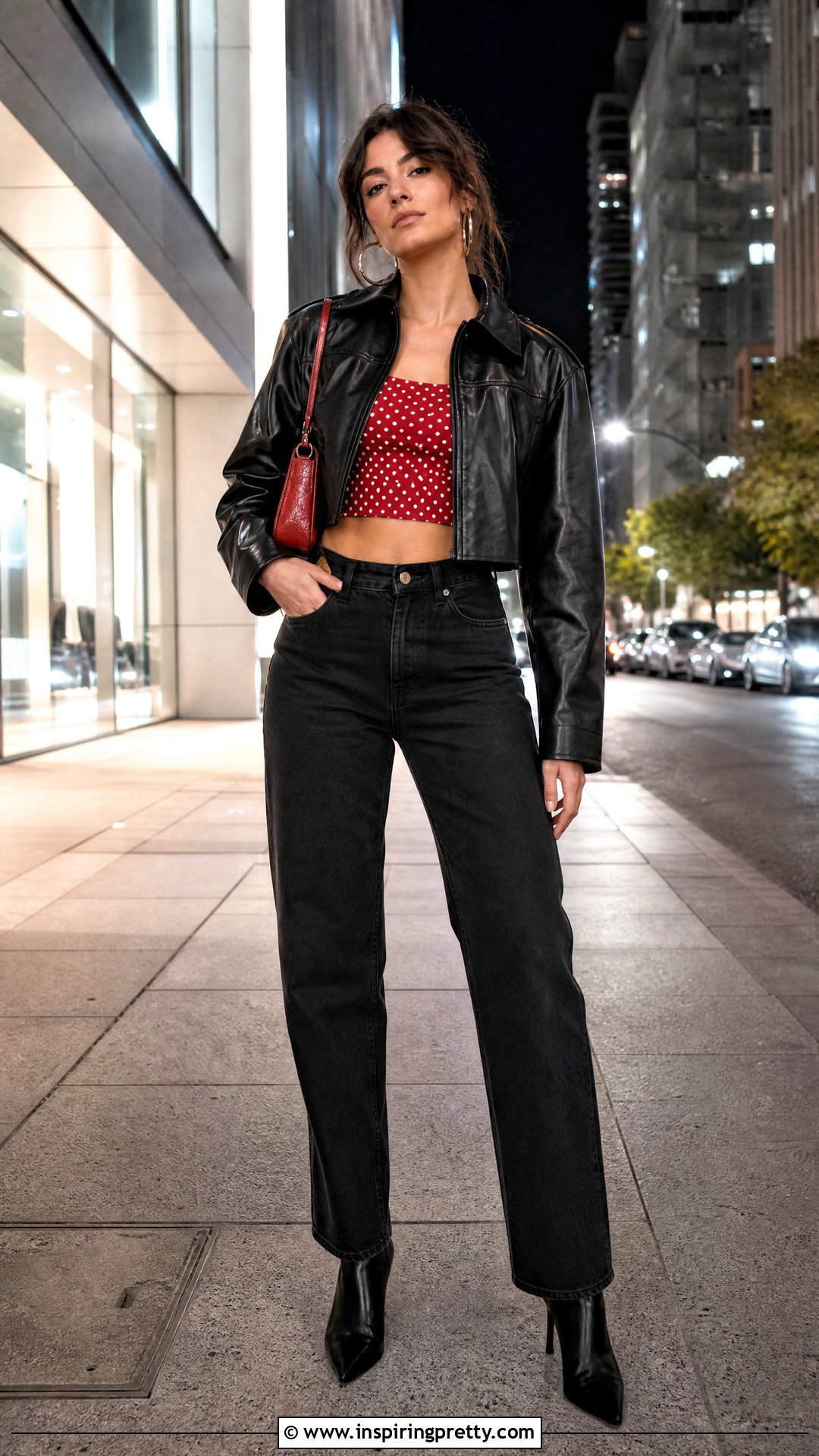 Red Polka Dot Crop Top With Leather Jacket And Black Jeans - 20 Red Polka Dot Crop Top outfit ideas