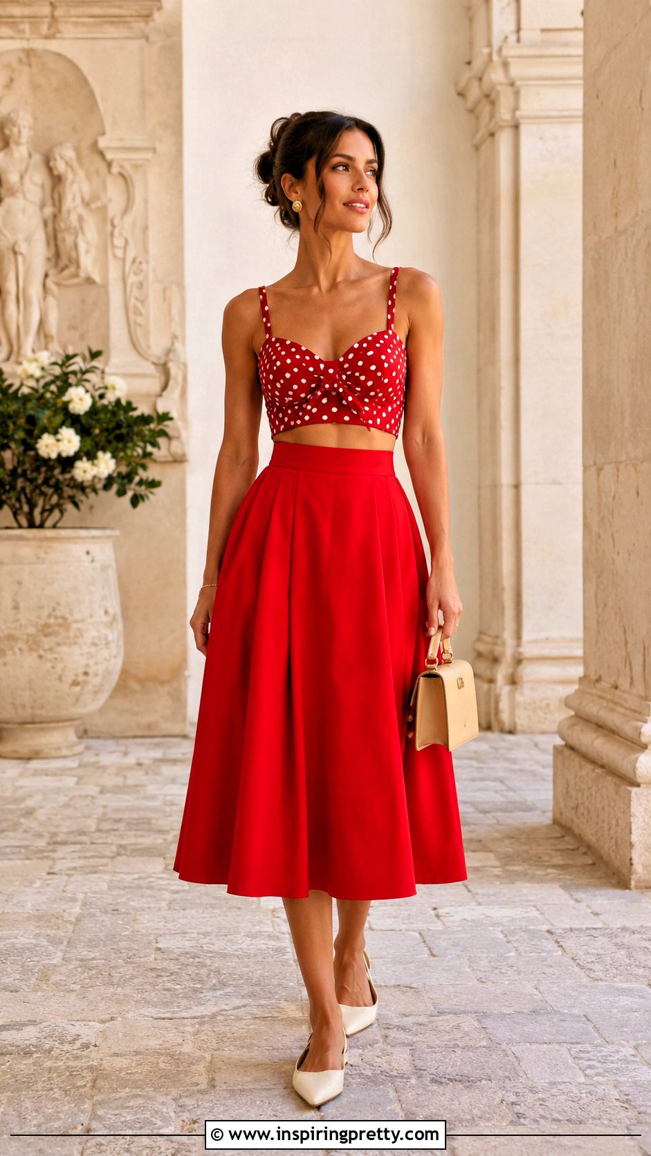 Red Polka Dot Crop Top With Red Midi Skirt - 20 Red Polka Dot Crop Top outfit ideas