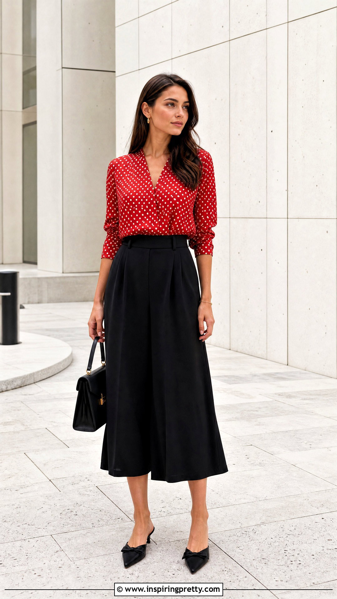 Red Polka Dot Top With Black Culottes - 50 red polka dot top outfit ideas