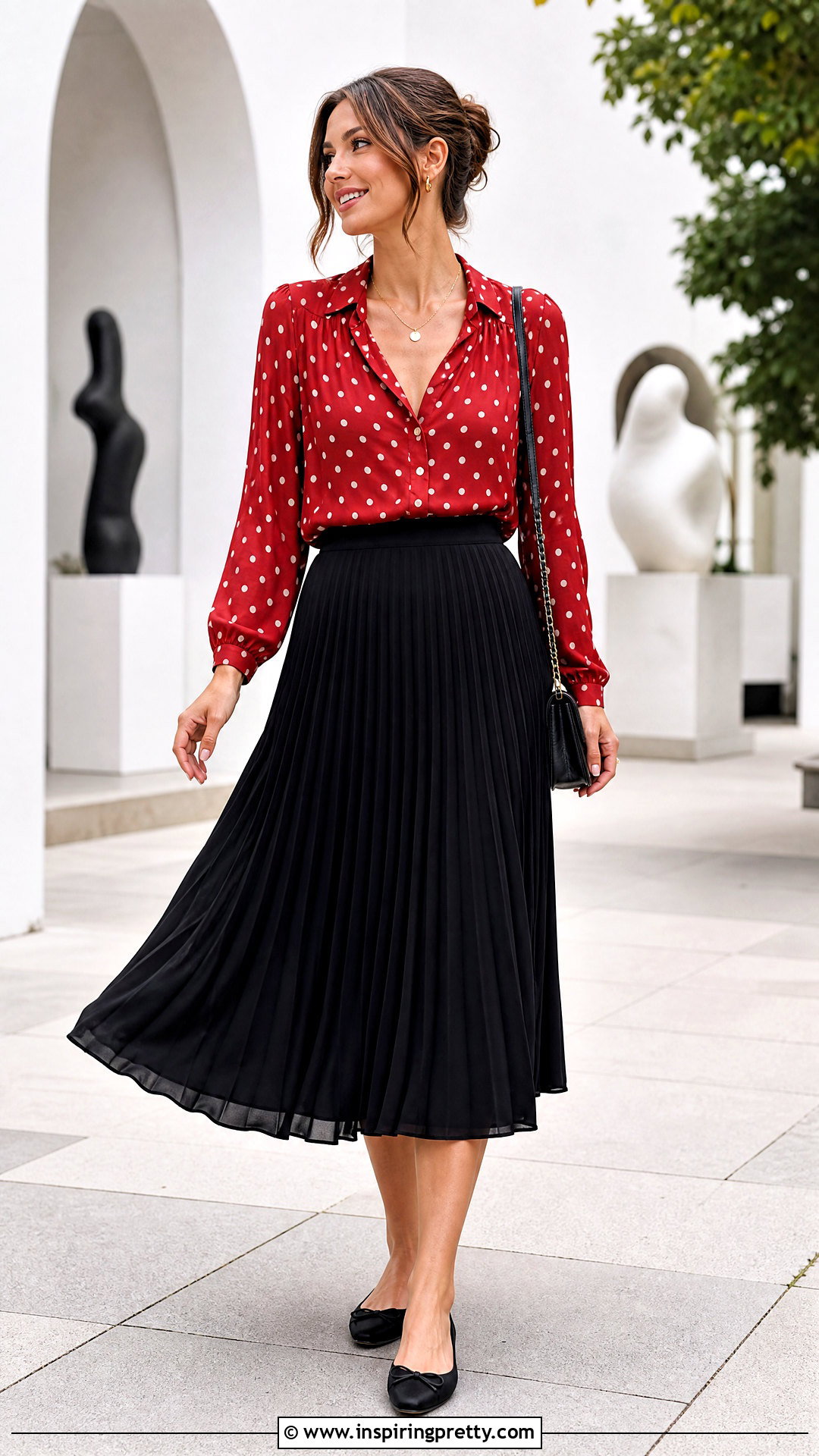 Red Polka Dot Top With Black Midi Skirt - 50 red polka dot top outfit ideas