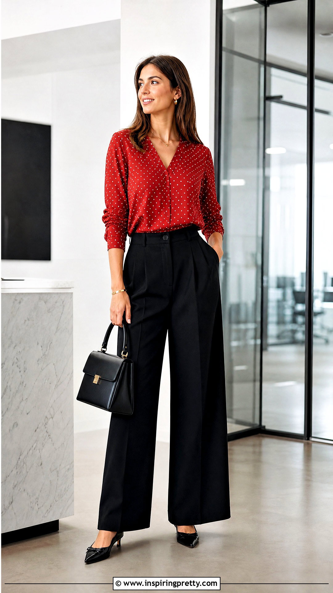 Red Polka Dot Top With Black Wide Leg Pants - 50 red polka dot top outfit ideas